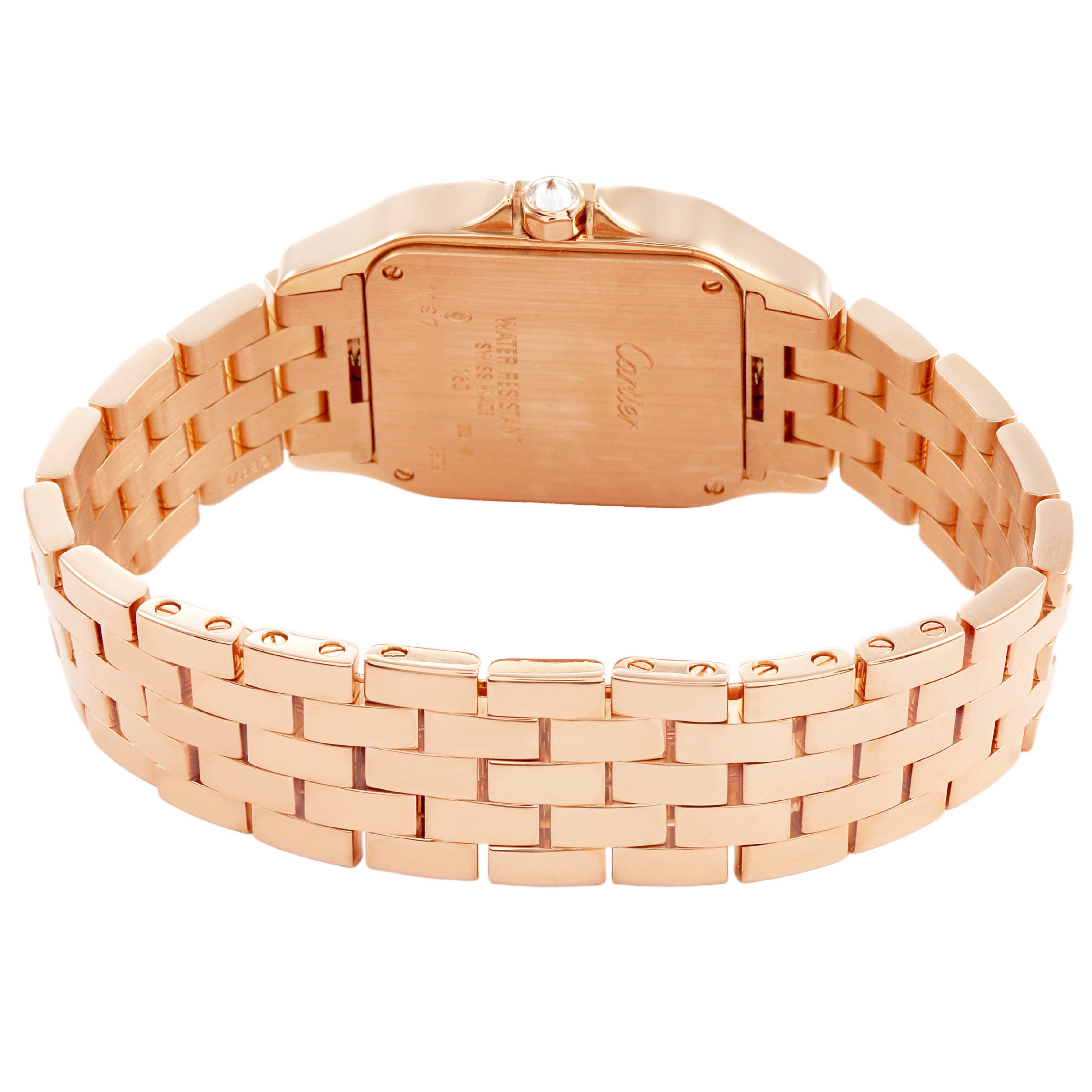 The Cartier Santos Demoiselle WF9007Z8 Women's Yellow Gold Silver Dial watch is shown from the back, highlighting its rose gold bracelet and case back.
