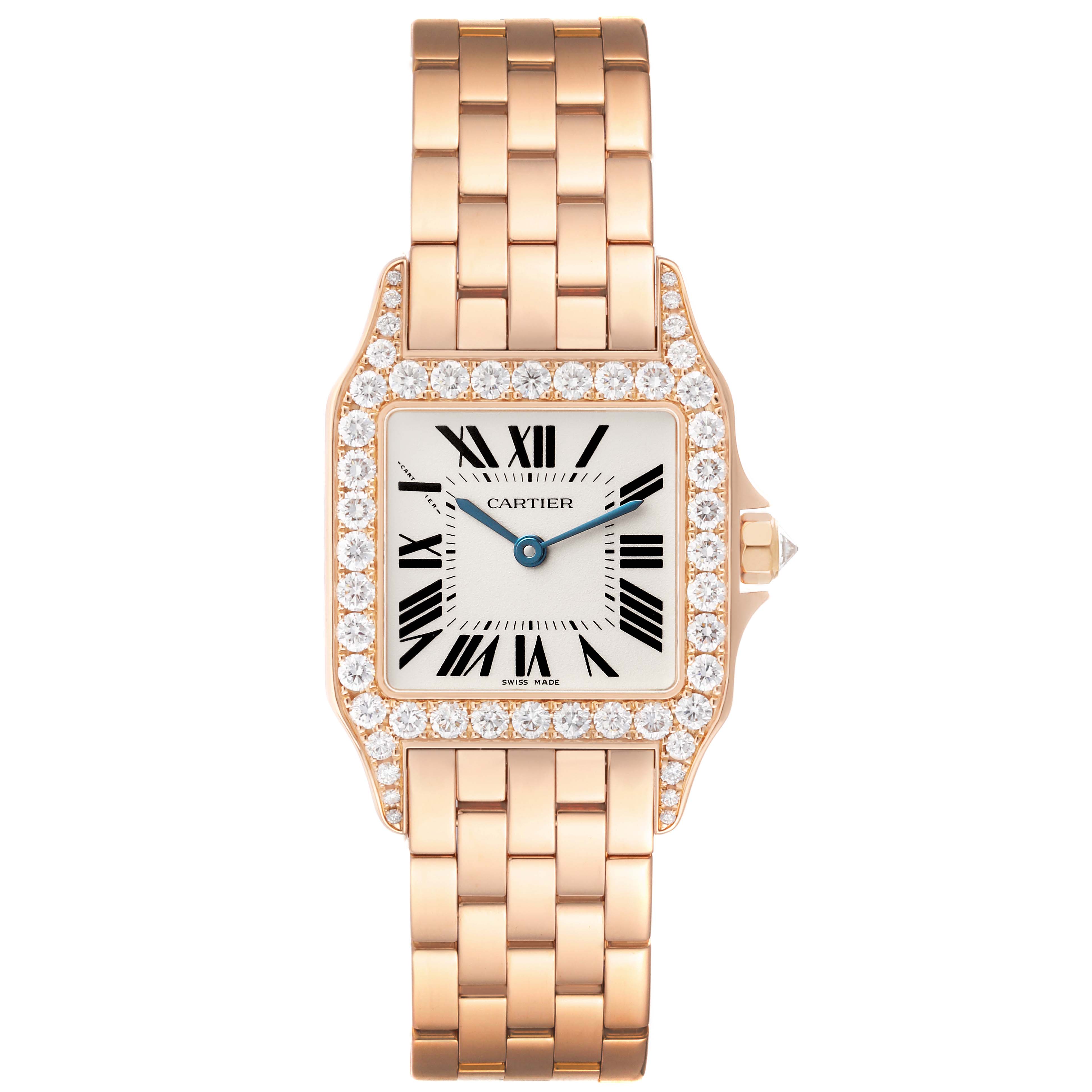 The Cartier Santos Demoiselle WF9007Z8 Women's Yellow Gold Silver Dial watch is shown from the front, displaying its dial, diamond bezel, and bracelet.