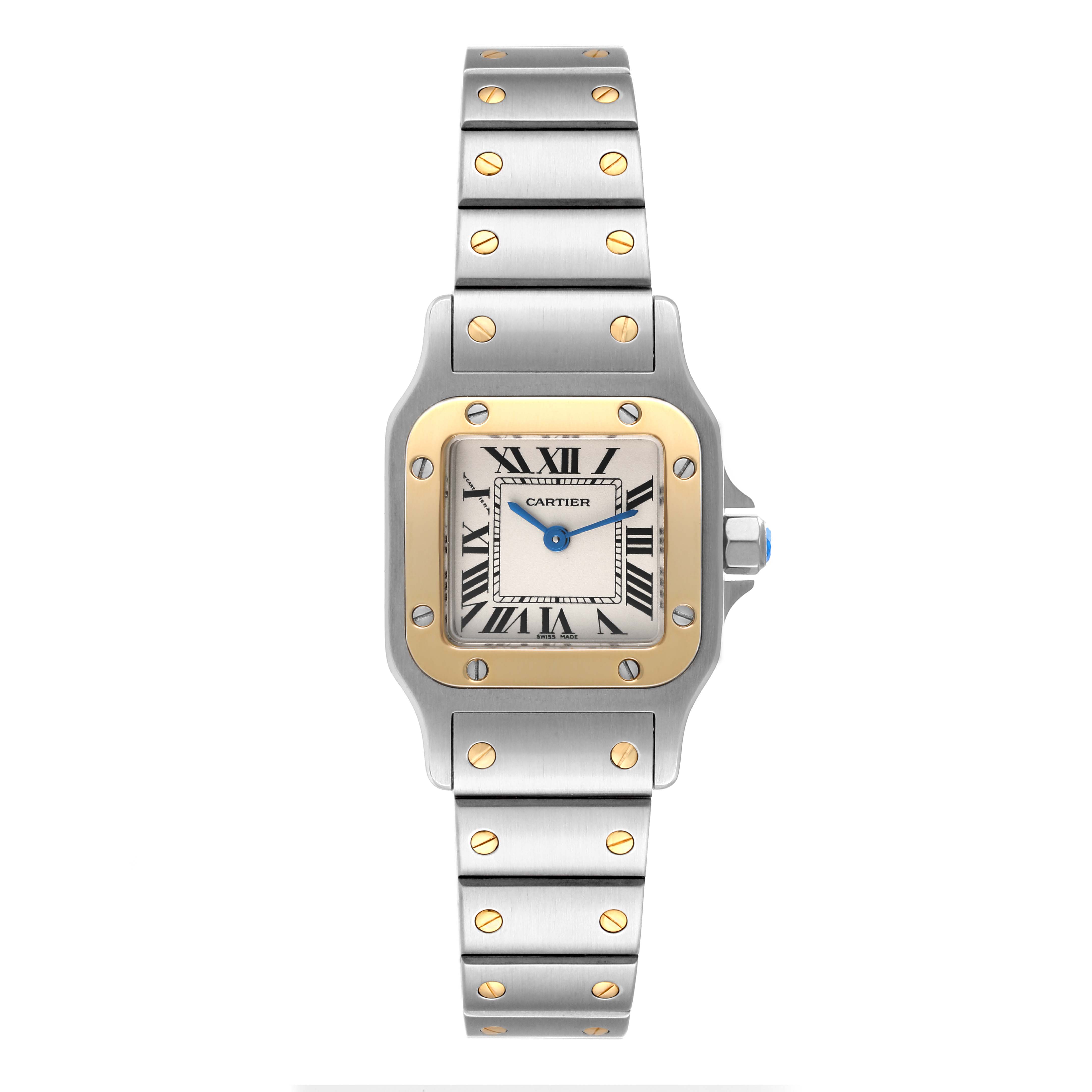 This Cartier Santos W20012C4 Women's Steel and Gold (two tone) Silver Dial W20012C4 Women's Steel and Gold (two tone) Silver Dial model watch is shown from the front, highlighting the face, bezel, and bracelet with gold screws.