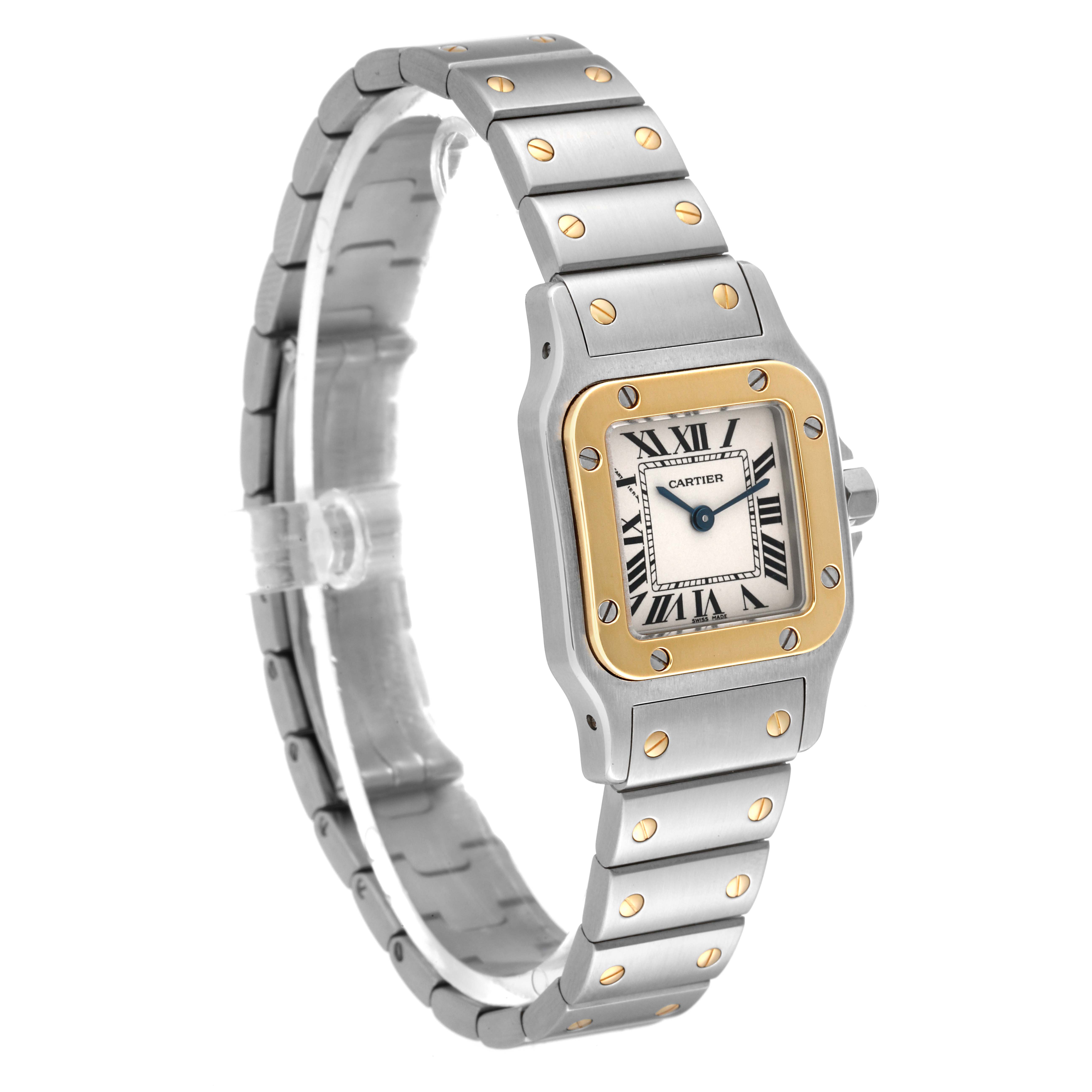 The image shows a Santos by Cartier watch at a slight angle, highlighting its square face, bracelet, and details.