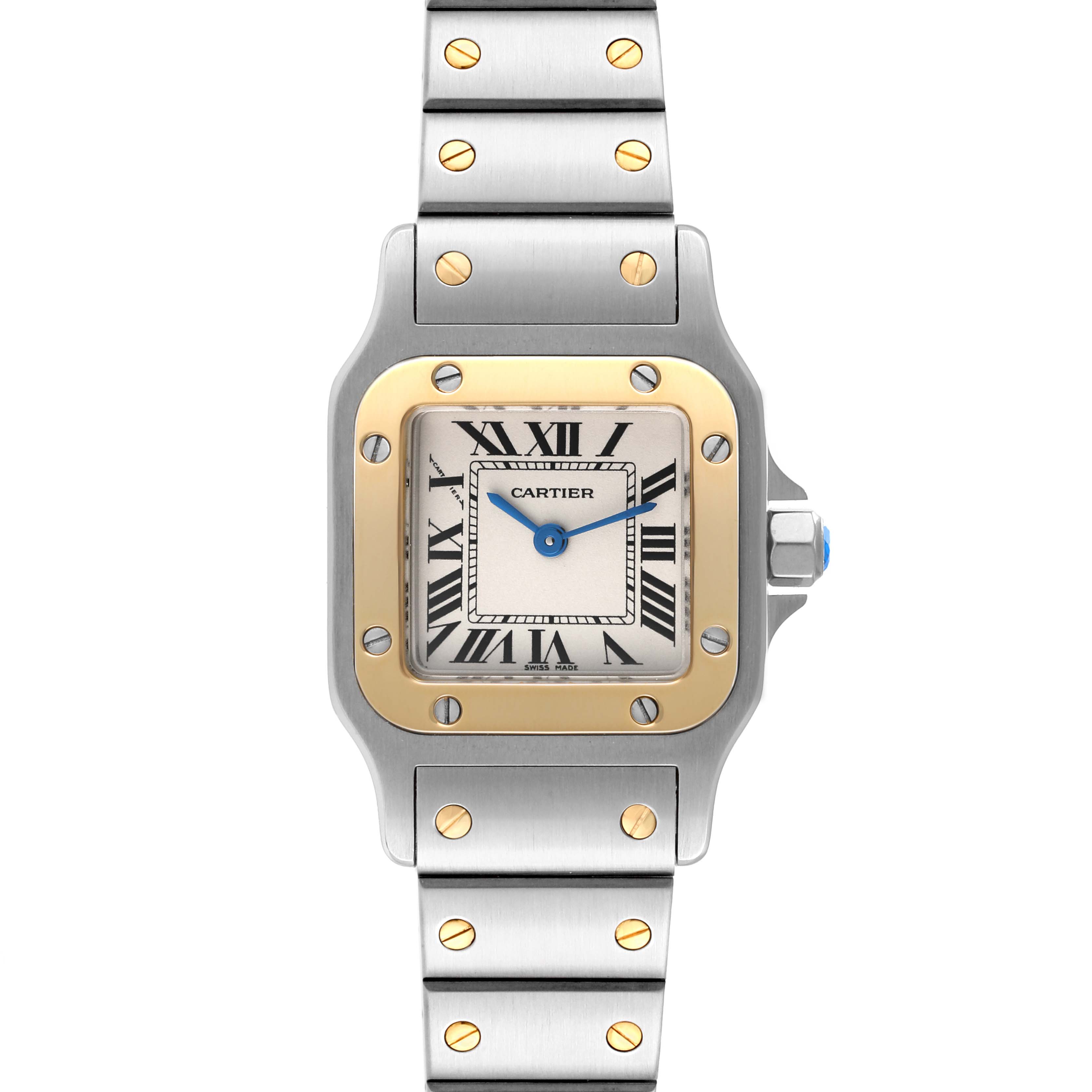 The image shows a front view of the Santos model watch by Cartier, highlighting the dial, bezel, and bracelet with gold screws.