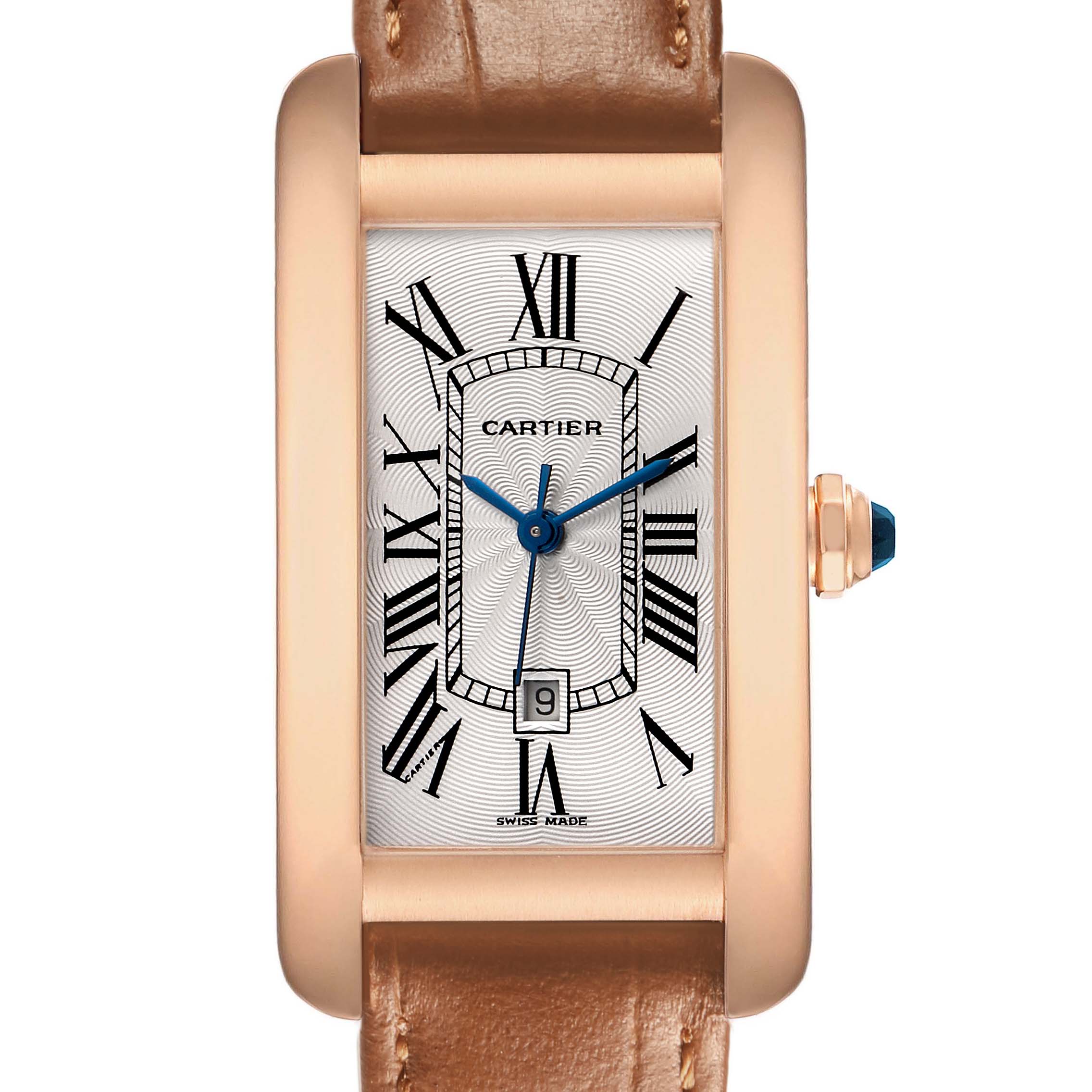 The Cartier Tank Americaine W2620030 Women's Rose Gold Silver Dial watch is shown from a frontal perspective, highlighting its rectangular face, Roman numerals, and leather strap.