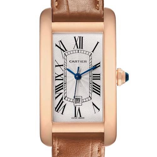 The Cartier Tank Americaine W2620030 Women's Rose Gold Silver Dial watch is shown from a front view, displaying the dial, case, and crown.