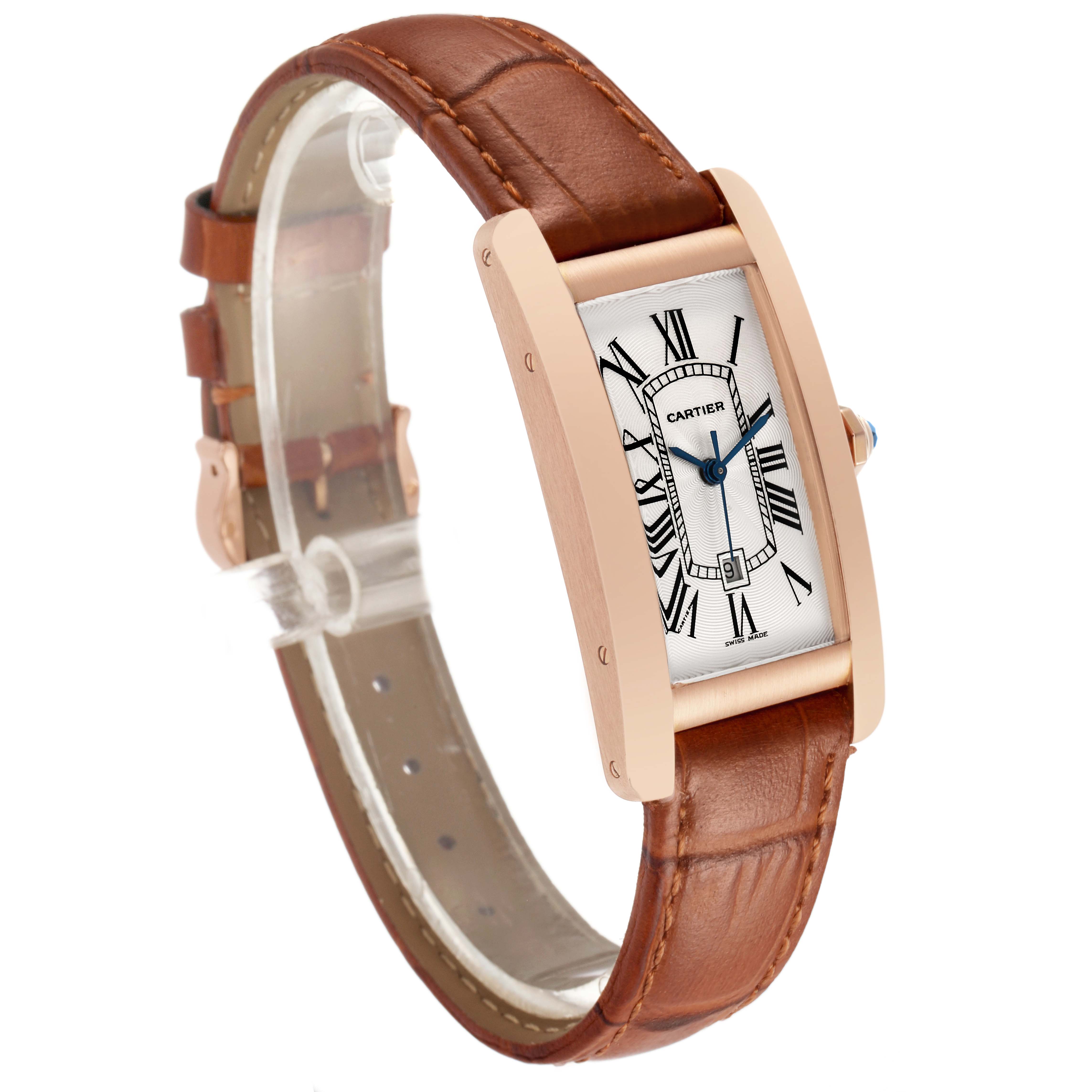 The Cartier Tank Americaine W2620030 Women's Rose Gold Silver Dial watch is shown at a slight angle, highlighting the rectangular face, leather strap, and clasp.