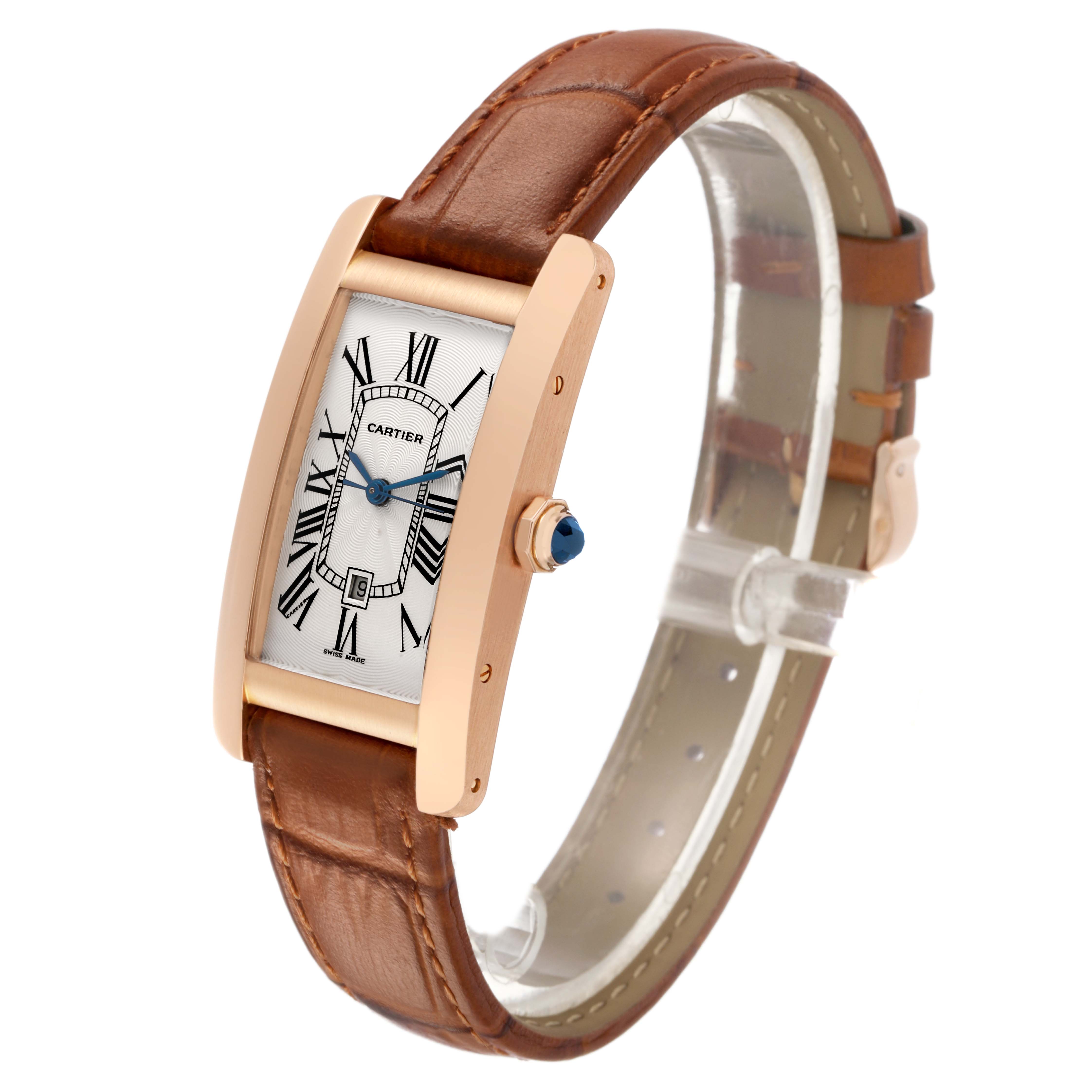 The Cartier Tank Américaine watch is shown at an angled side view, highlighting its rectangular case, crown, and leather strap.