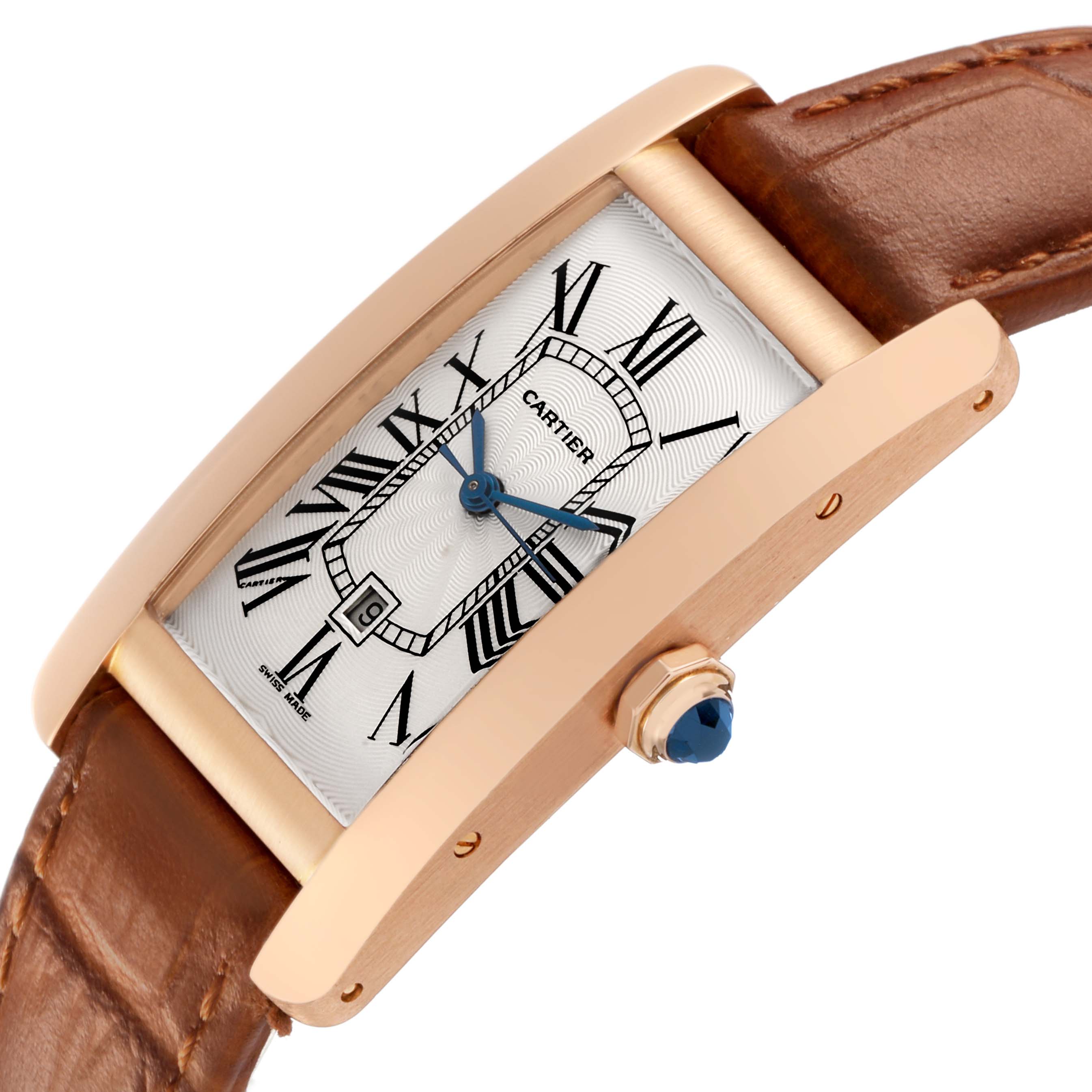 The Cartier Tank Americaine W2620030 Women's Rose Gold Silver Dial watch is shown at a three-quarter angle, highlighting its rectangular face, Roman numerals, and leather strap.