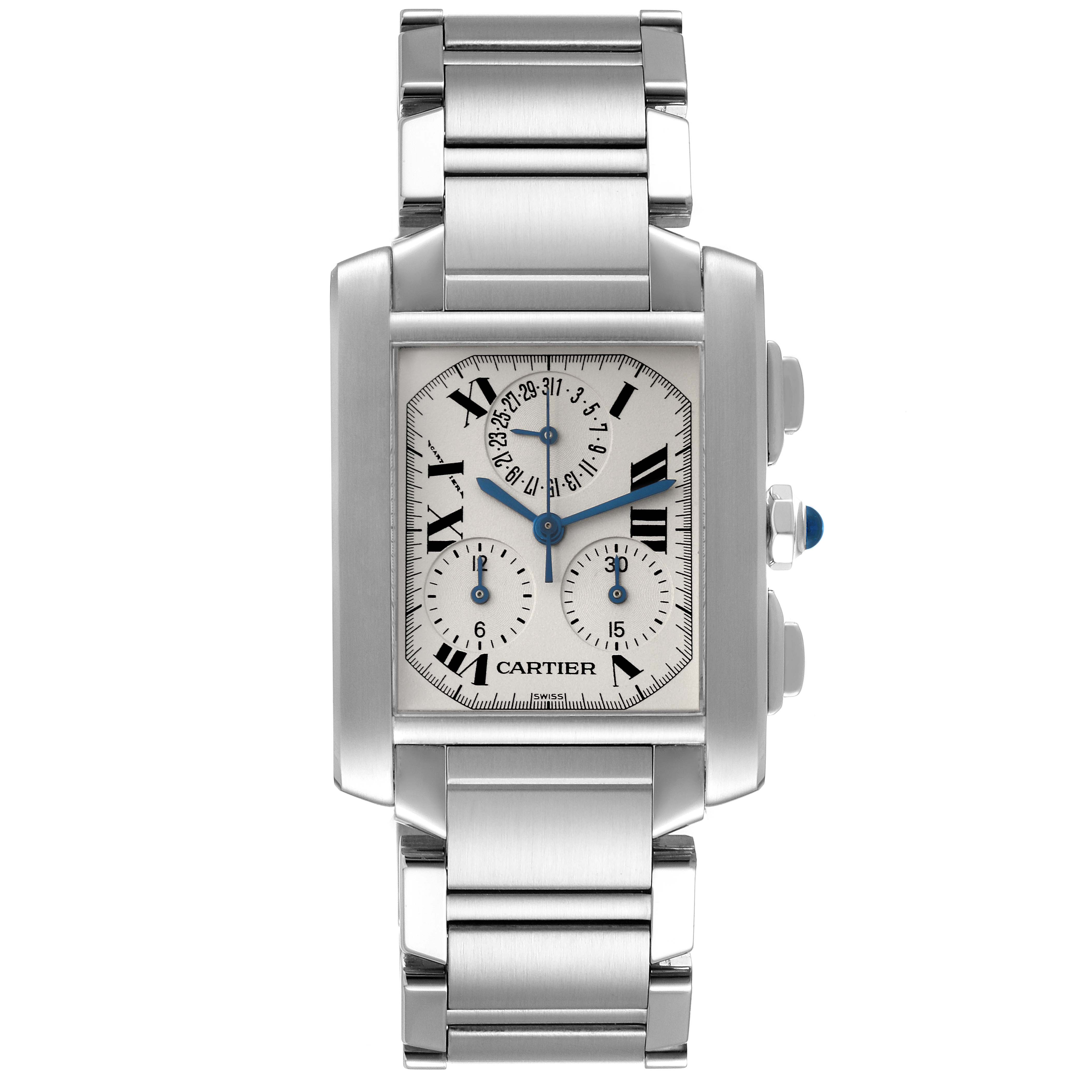 The image shows a front view of the Cartier Tank Francaise W51001Q3 Men
s Stainless Steel Silver Dial W51001Q3 Men
s Stainless Steel Silver Dial watch with its bracelet, dial, and buttons visible.