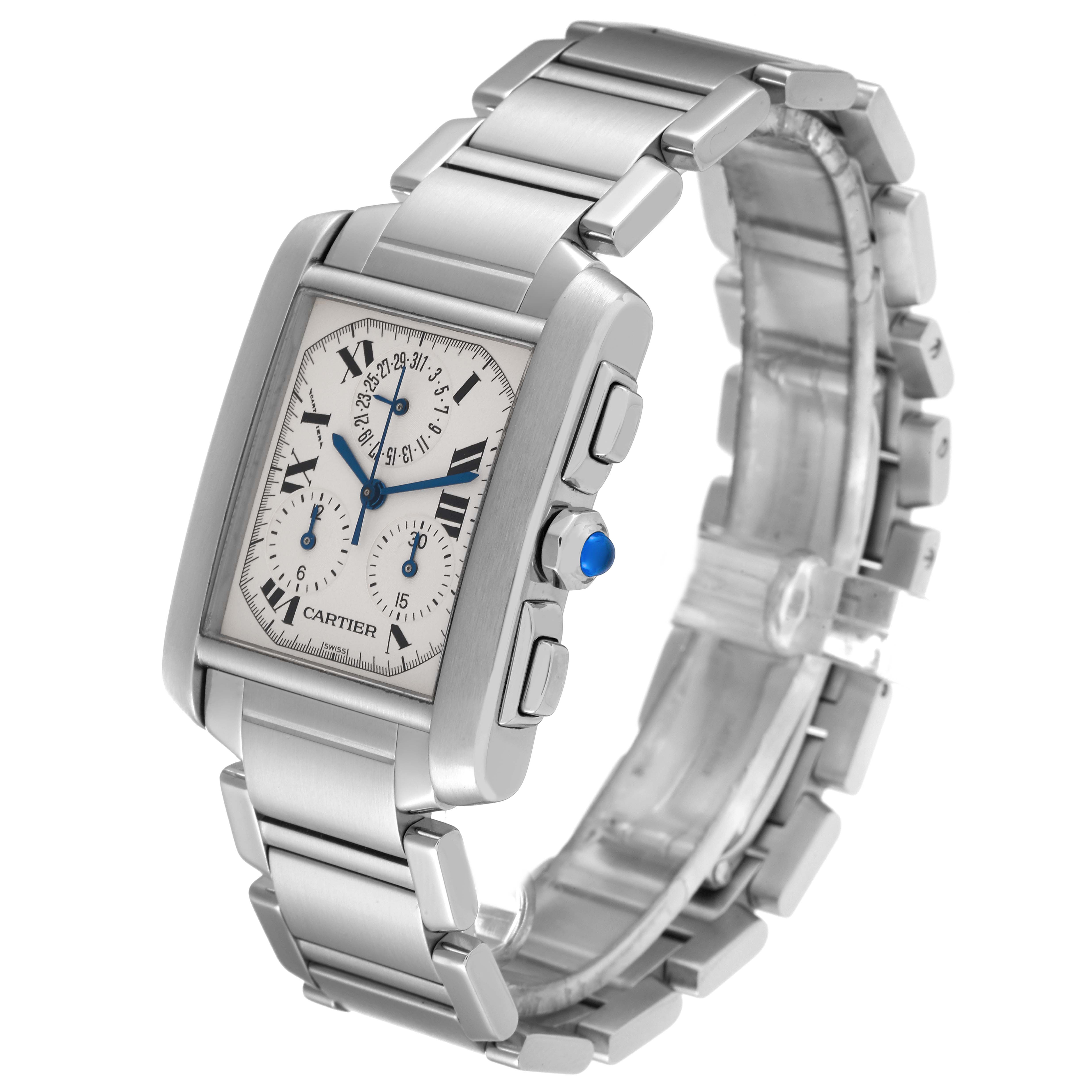 This image shows a Cartier Tank Francaise W51001Q3 Men
s Stainless Steel Silver Dial W51001Q3 Men
s Stainless Steel Silver Dial watch from an angled side view, highlighting the watch face, case, and metal bracelet.