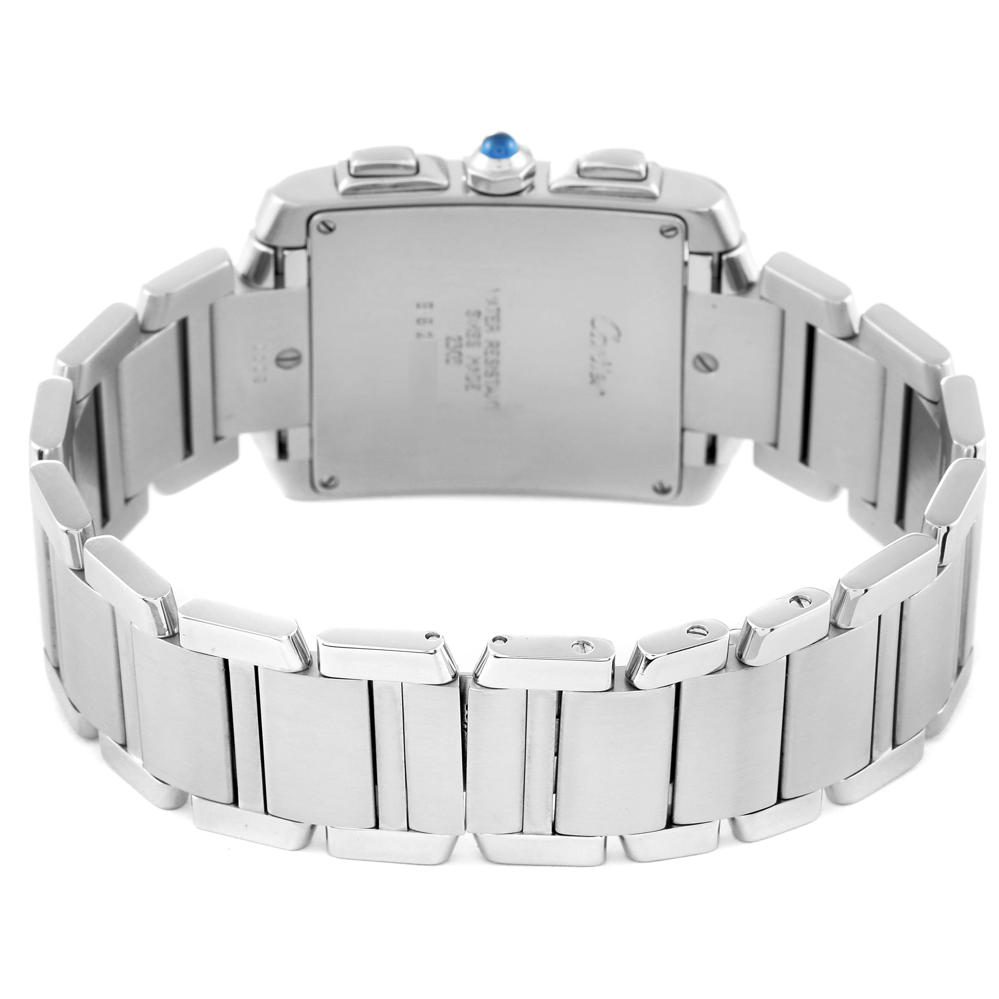 This image shows the back case and bracelet of a Cartier Tank Francaise W51001Q3 Men
s Stainless Steel Silver Dial W51001Q3 Men
s Stainless Steel Silver Dial watch from a rear angle.