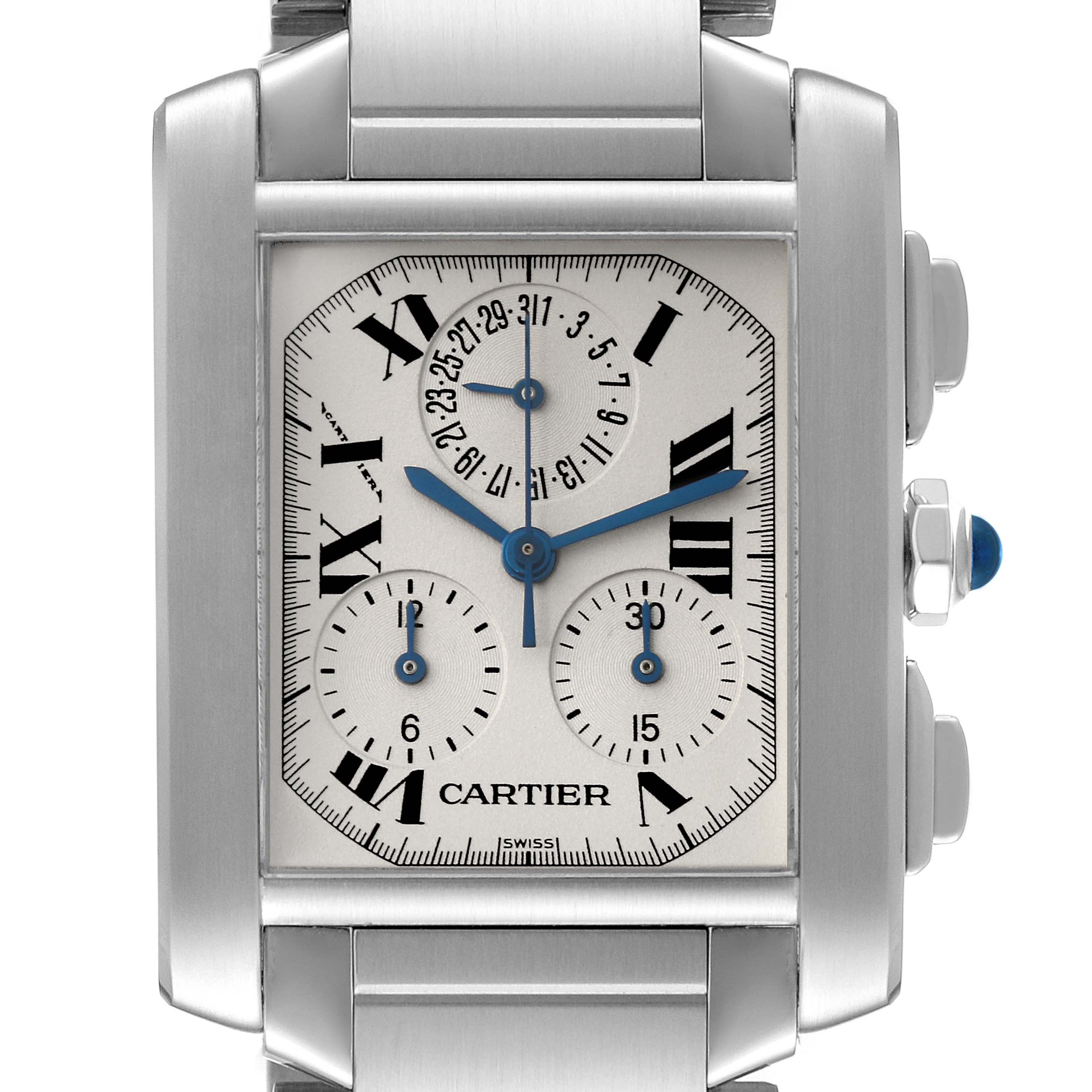 The image shows a front view of the Cartier Tank Francaise W51001Q3 Men
s Stainless Steel Silver Dial W51001Q3 Men
s Stainless Steel Silver Dial model, highlighting the watch face, blue hands, and part of the bracelet.