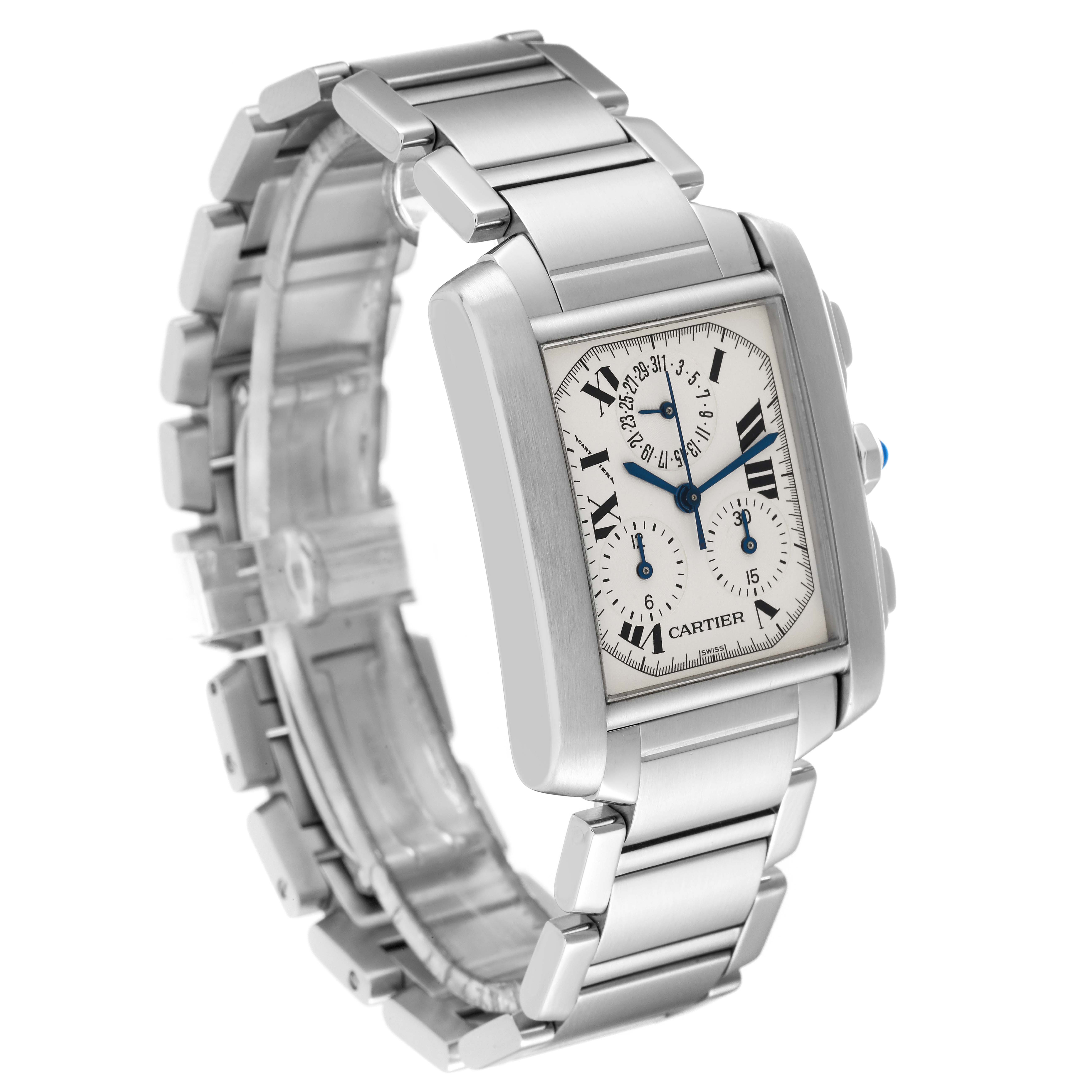 The image shows a side angle view of the Cartier Tank Française watch, highlighting its silver bracelet and rectangular face.