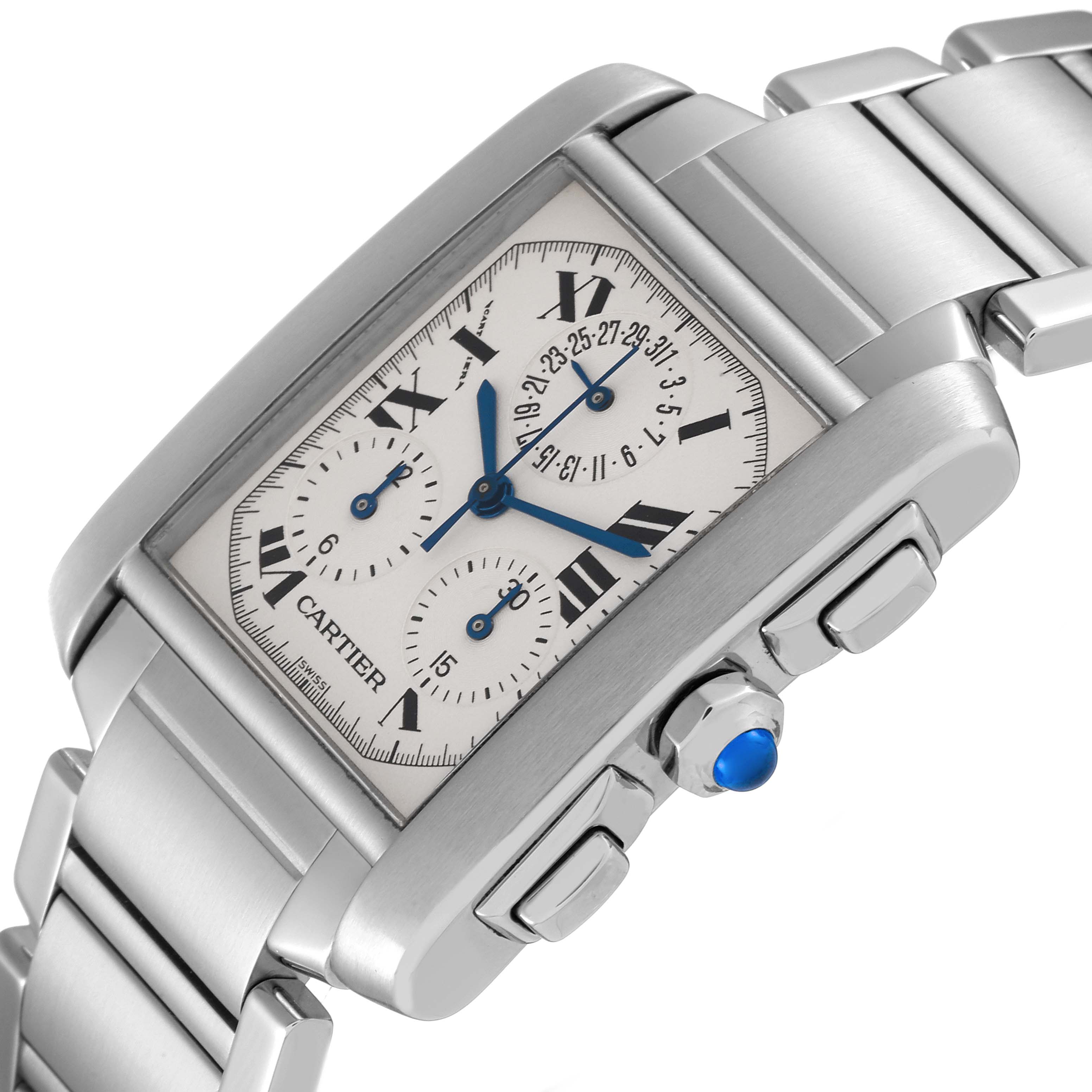 The Cartier Tank Francaise W51001Q3 Men
s Stainless Steel Silver Dial W51001Q3 Men
s Stainless Steel Silver Dial watch is shown at an angled close-up, highlighting its face, chronograph dials, bracelet, buttons, and crown.