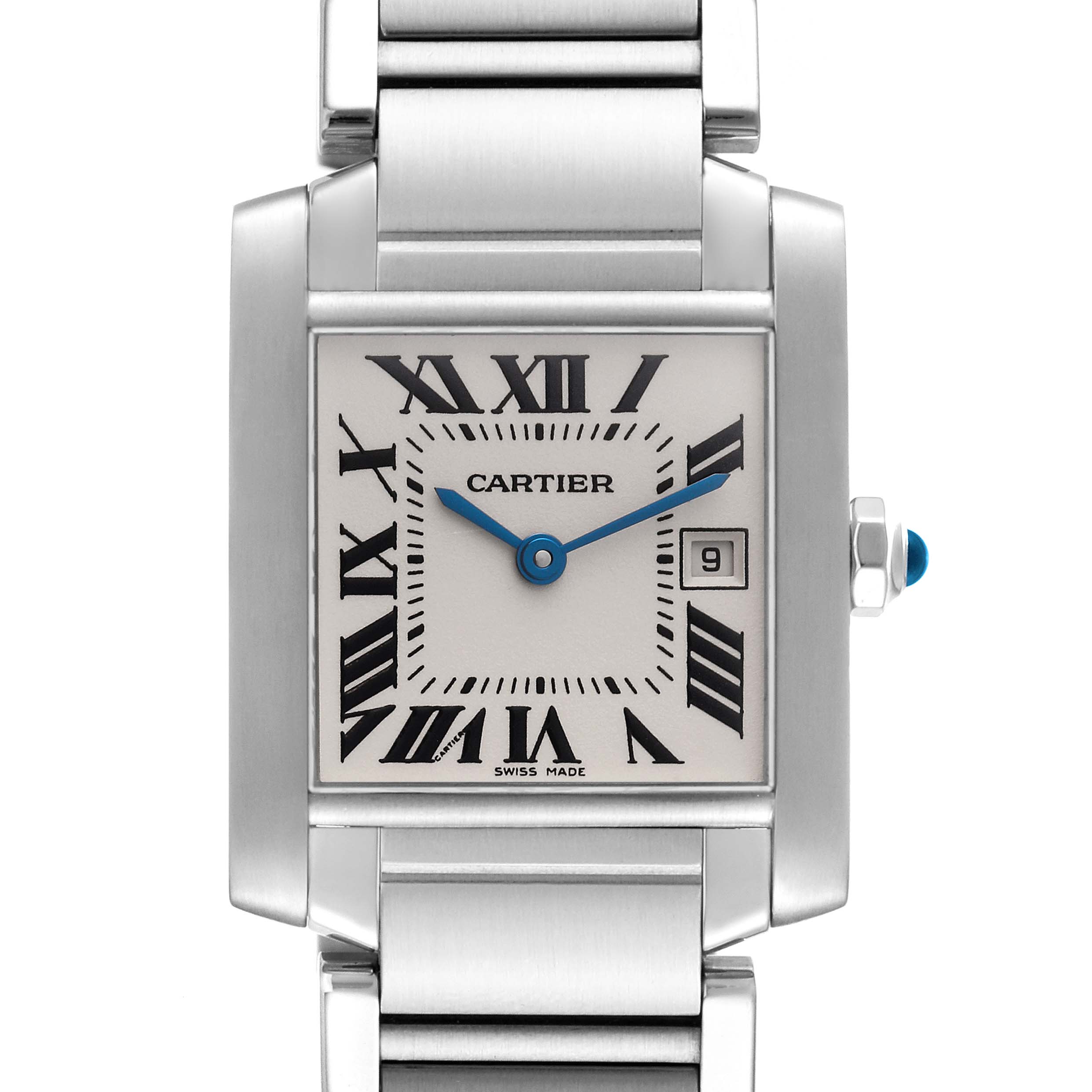 The image shows a front view of the Cartier Tank Francaise W51011Q3 Women
s Stainless Steel Silver Dial W51011Q3 Women
s Stainless Steel Silver Dial watch, featuring its rectangular case, Roman numeral dial, and metal bracelet.