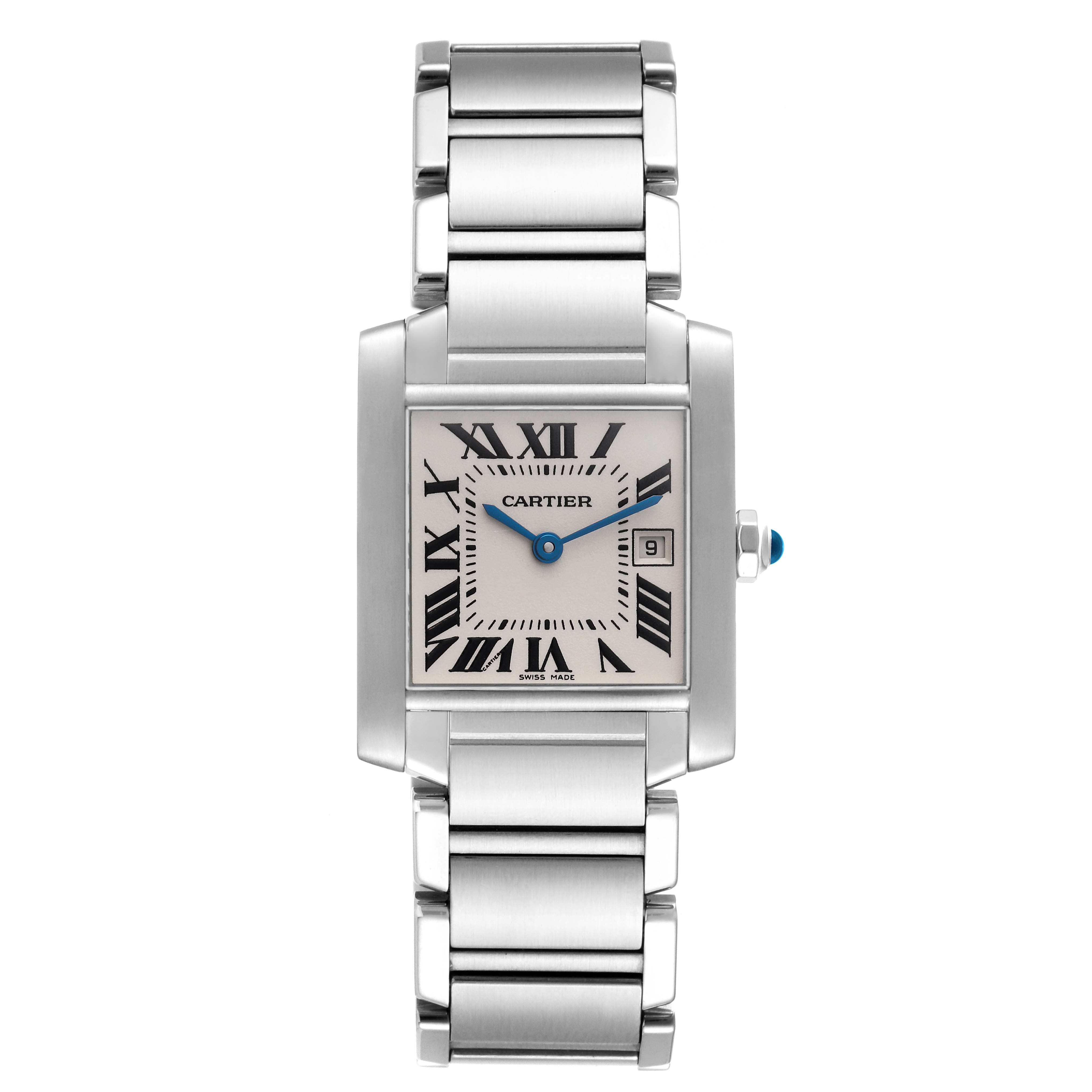 The image shows a front view of a Cartier Tank Francaise W51011Q3 Women
s Stainless Steel Silver Dial W51011Q3 Women
s Stainless Steel Silver Dial watch, highlighting its face, silver bracelet, and blue hands.