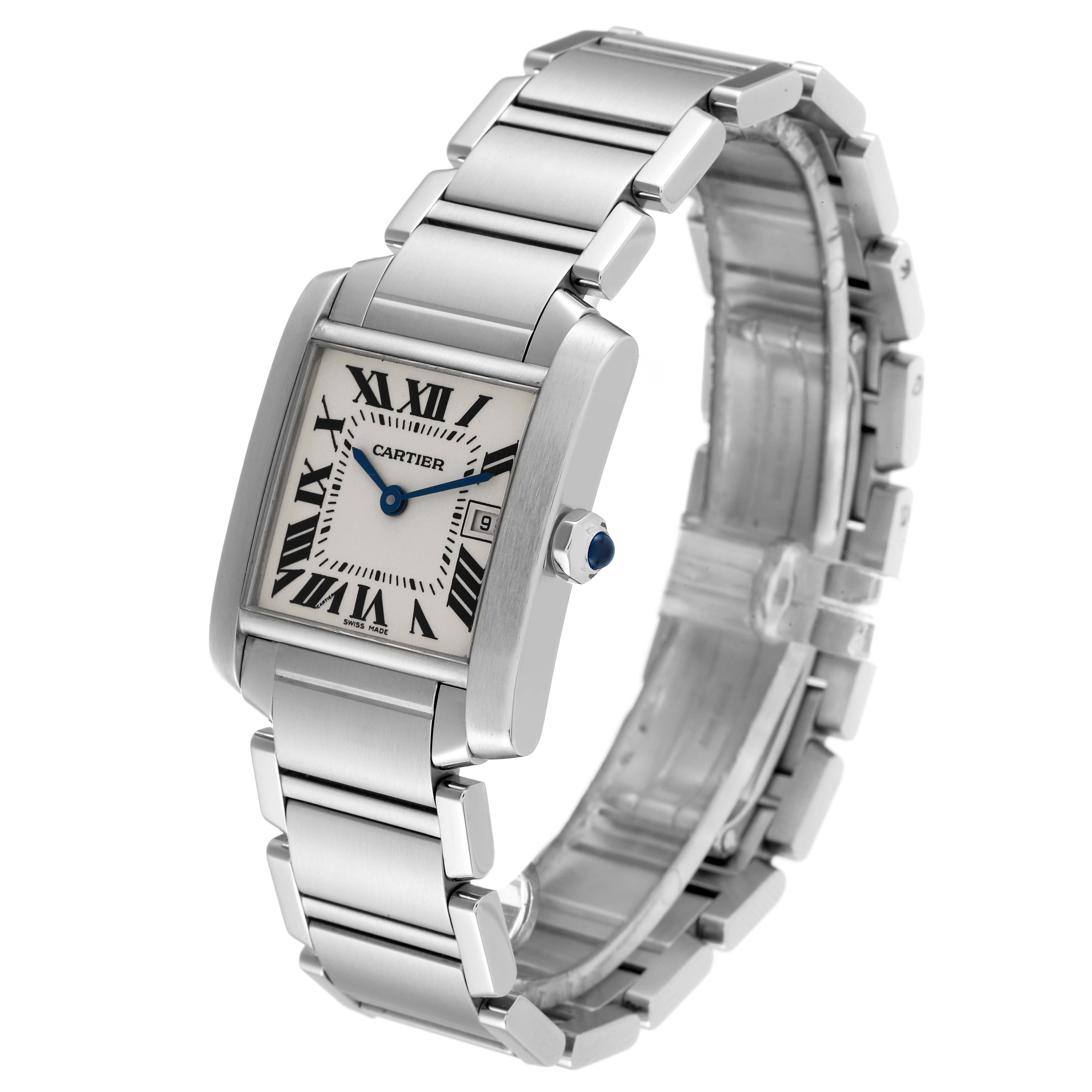 The image shows a Cartier Tank Francaise W51011Q3 Women
s Stainless Steel Silver Dial W51011Q3 Women
s Stainless Steel Silver Dial watch angled slightly to the side, highlighting its rectangular face, Roman numerals, and metal bracelet.
