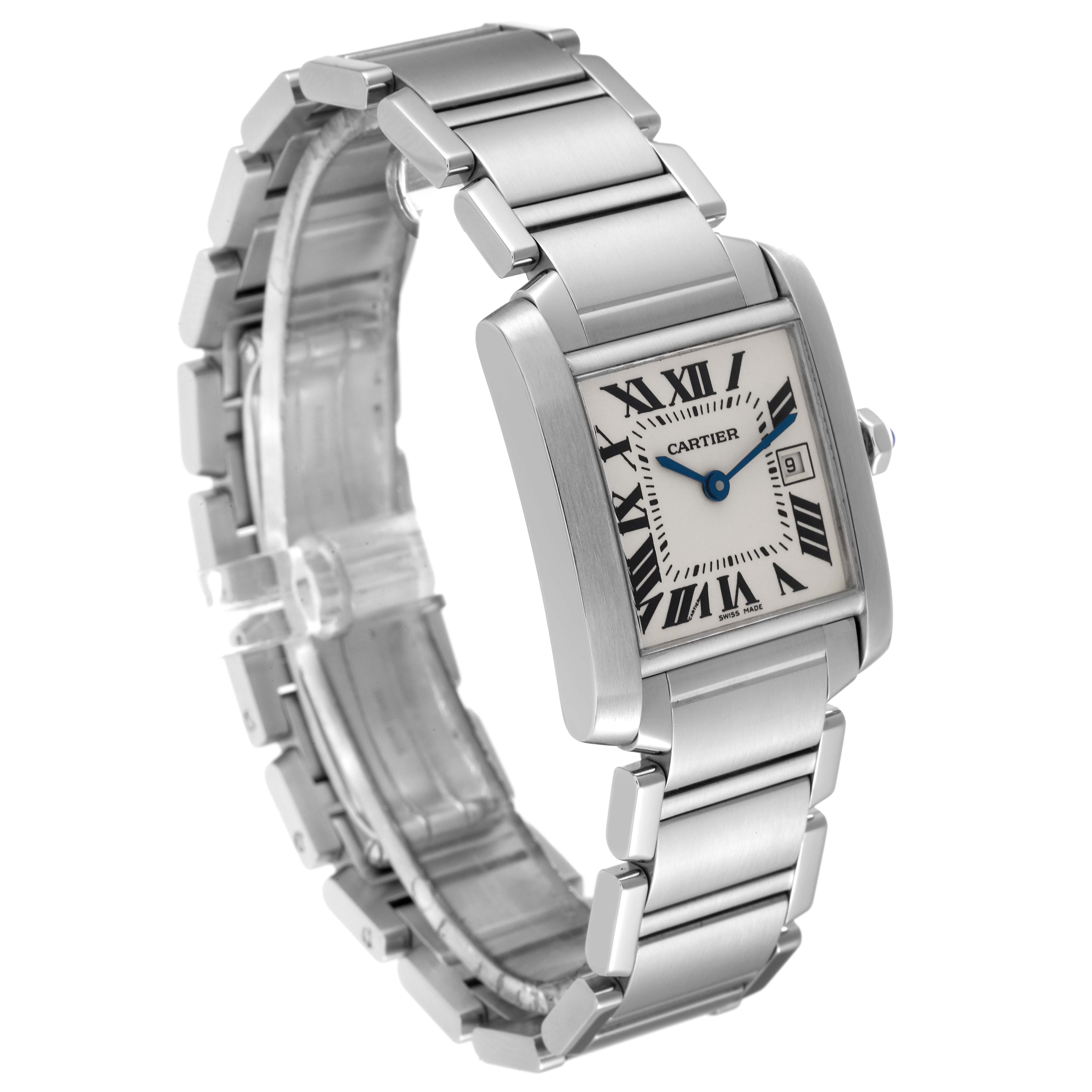 The image shows a Cartier Tank Française watch at an angled side view, highlighting its rectangular face and metal bracelet.