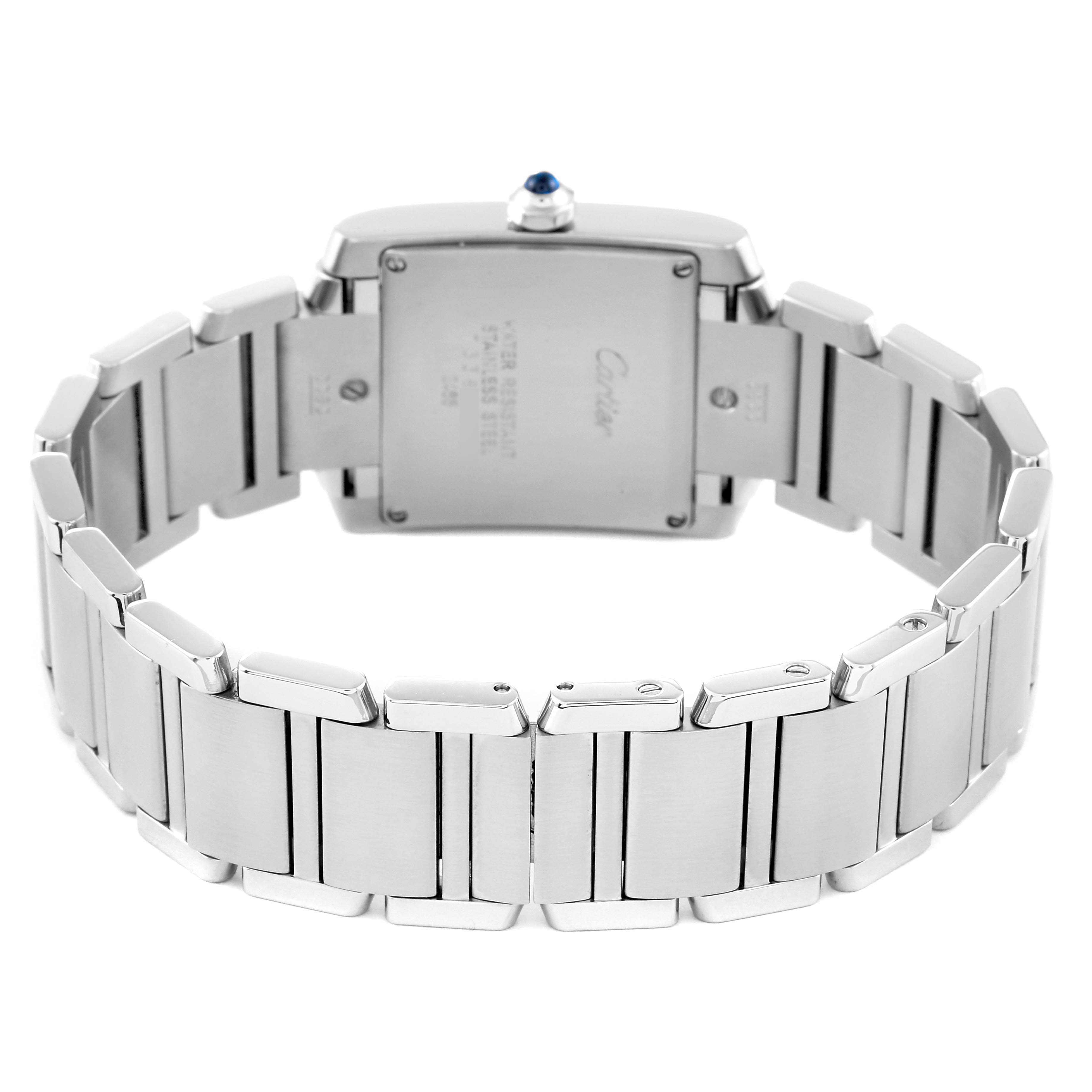 The image shows the back view of a Cartier Tank Francaise W51011Q3 Women
s Stainless Steel Silver Dial W51011Q3 Women
s Stainless Steel Silver Dial watch, highlighting its stainless steel bracelet and case back.