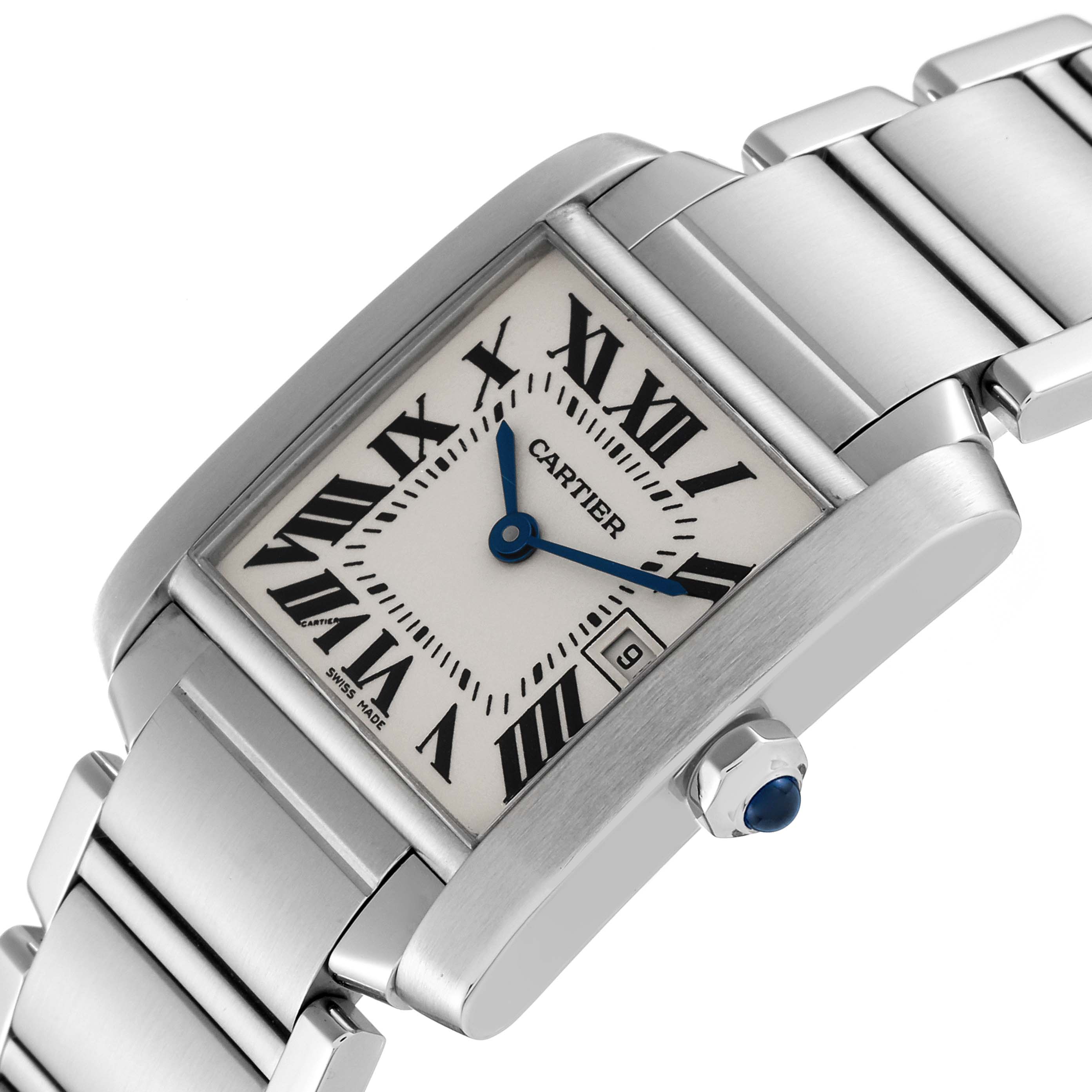 The Cartier Tank Francaise W51011Q3 Women
s Stainless Steel Silver Dial W51011Q3 Women
s Stainless Steel Silver Dial watch is shown at an angle highlighting its rectangular dial, Roman numerals, date window, and stainless steel bracelet.