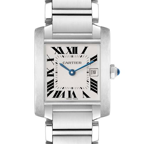 The Cartier Tank Francaise W51011Q3 Women's Stainless Steel Silver Dial watch is shown front-facing, displaying its dial, Roman numerals, blue hands, and metal bracelet.