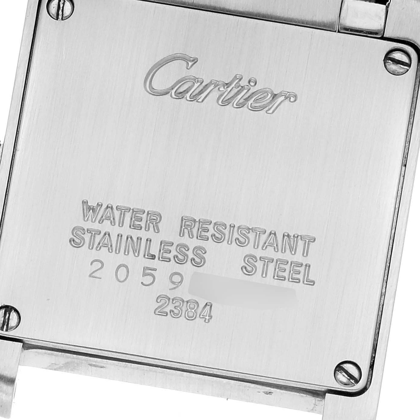 This image shows the back case of a Cartier Tank Francaise W51008Q3 Women
s Stainless Steel Silver Dial W51008Q3 Women
s Stainless Steel Silver Dial watch, displaying the brand name and watch specifications.