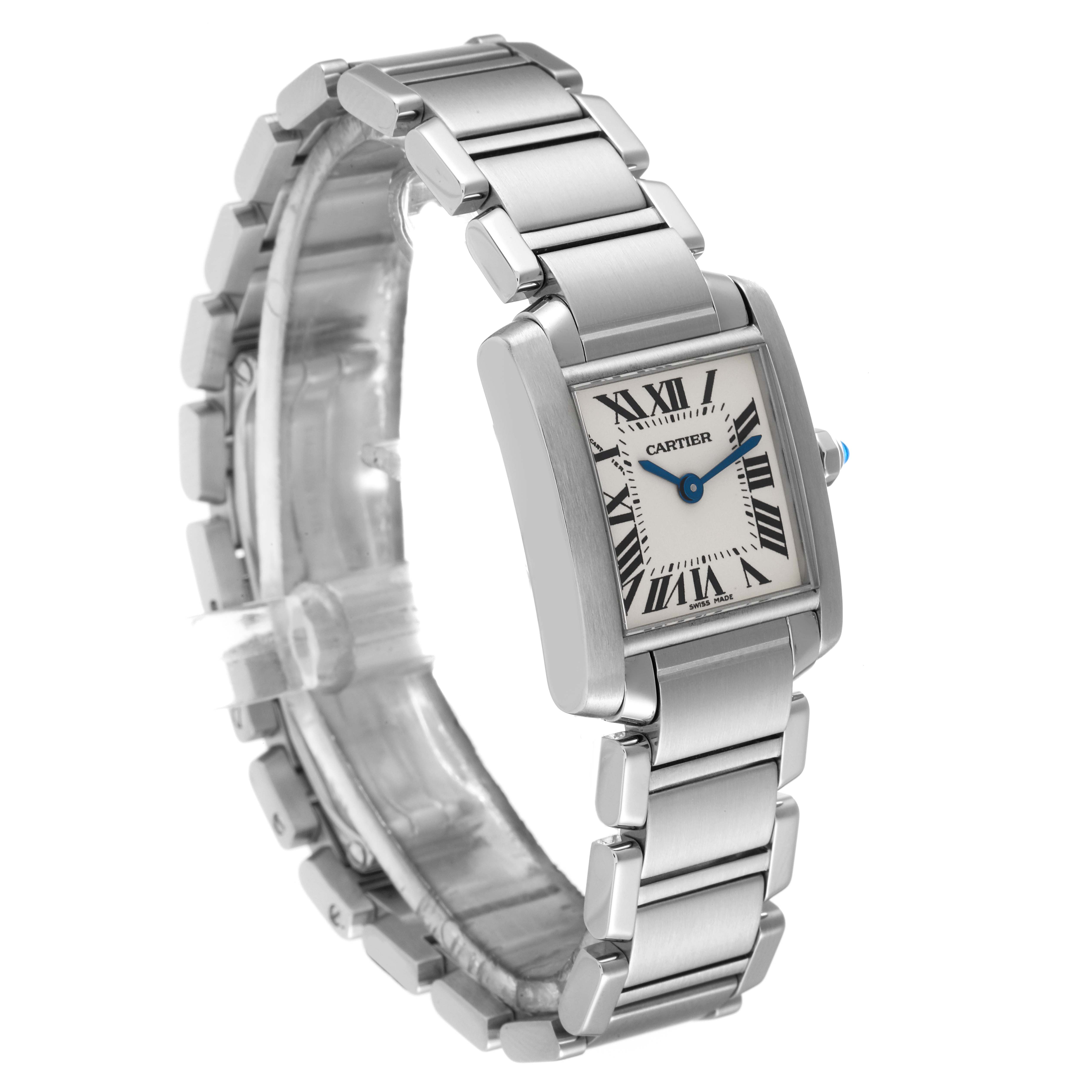 The image shows a left side angle of a Cartier Tank Francaise W51008Q3 Women
s Stainless Steel Silver Dial W51008Q3 Women
s Stainless Steel Silver Dial watch, displaying its face, bracelet, and side profile.