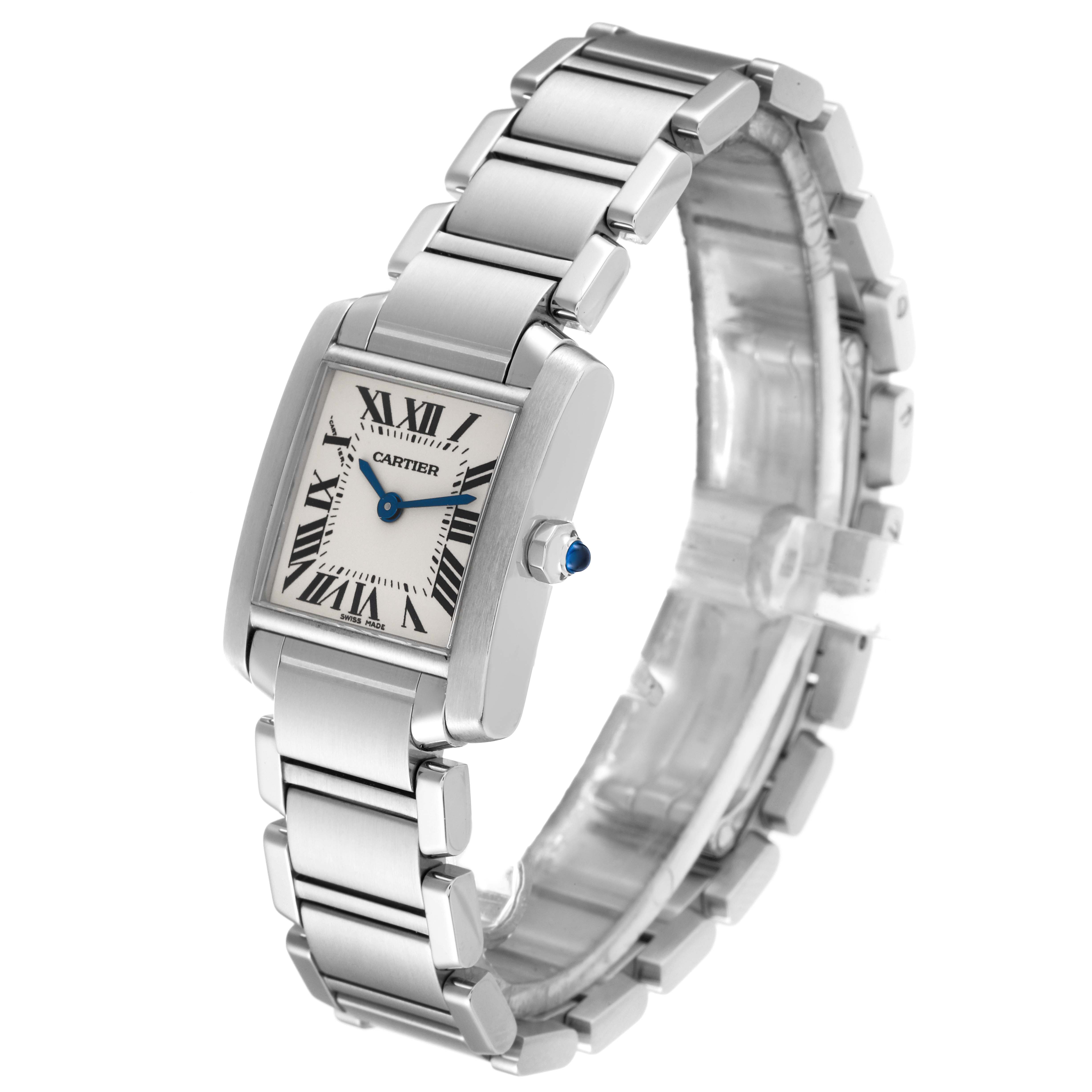 The Cartier Tank Française watch is shown at a three-quarter angle, displaying the face, bracelet, and crown.