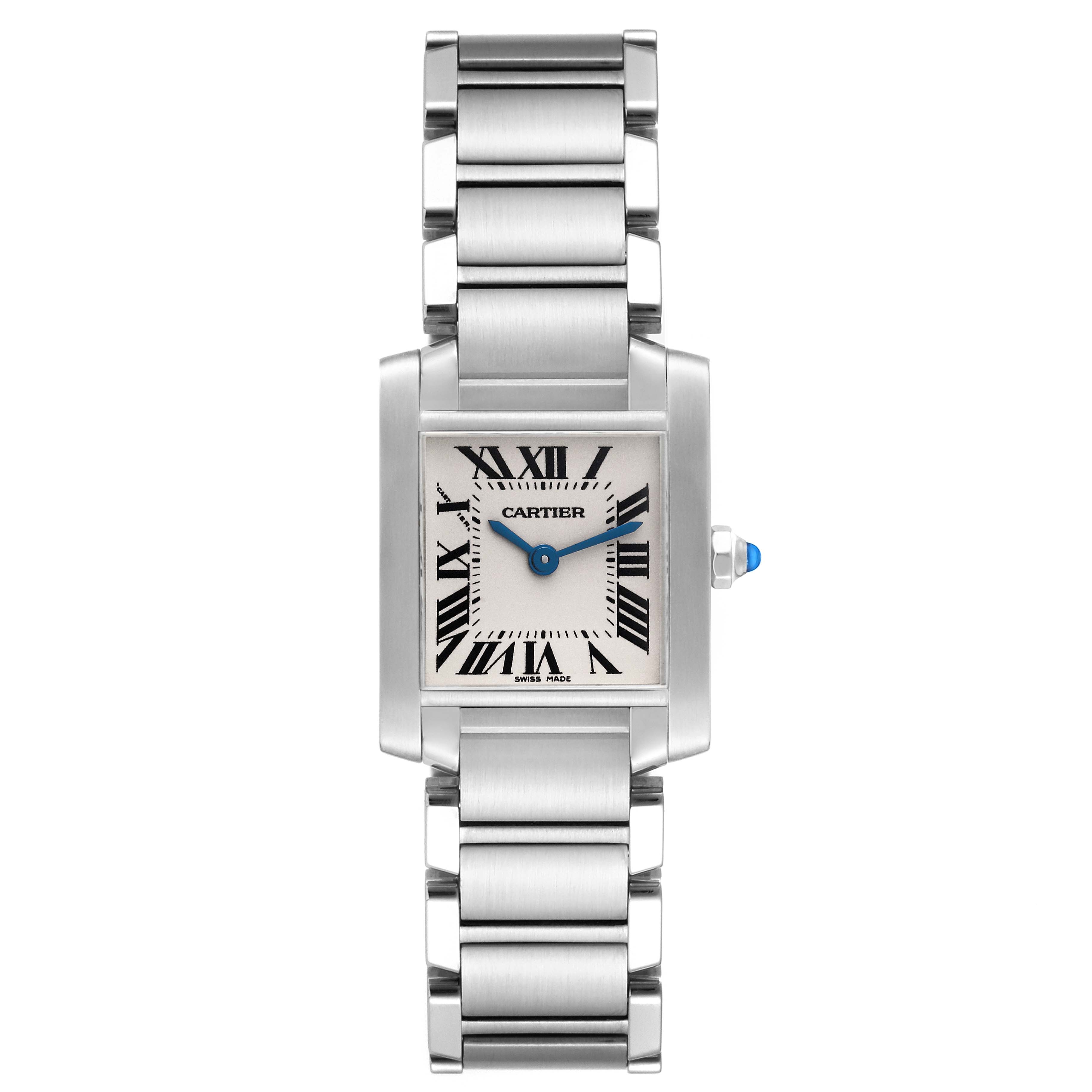 The Cartier Tank Francaise W51008Q3 Women
s Stainless Steel Silver Dial W51008Q3 Women
s Stainless Steel Silver Dial watch is shown in a front view, highlighting the square face, Roman numerals, and stainless steel bracelet.