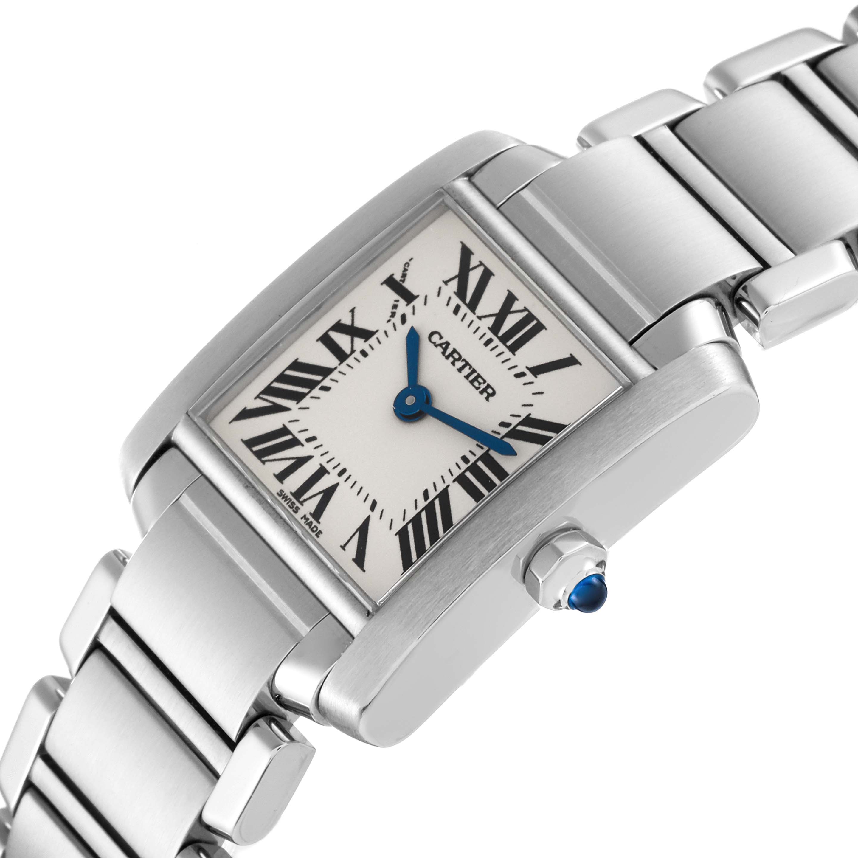This image shows the Cartier Tank Francaise W51008Q3 Women
s Stainless Steel Silver Dial W51008Q3 Women
s Stainless Steel Silver Dial watch at an angle displaying its face, crown, and linked bracelet.