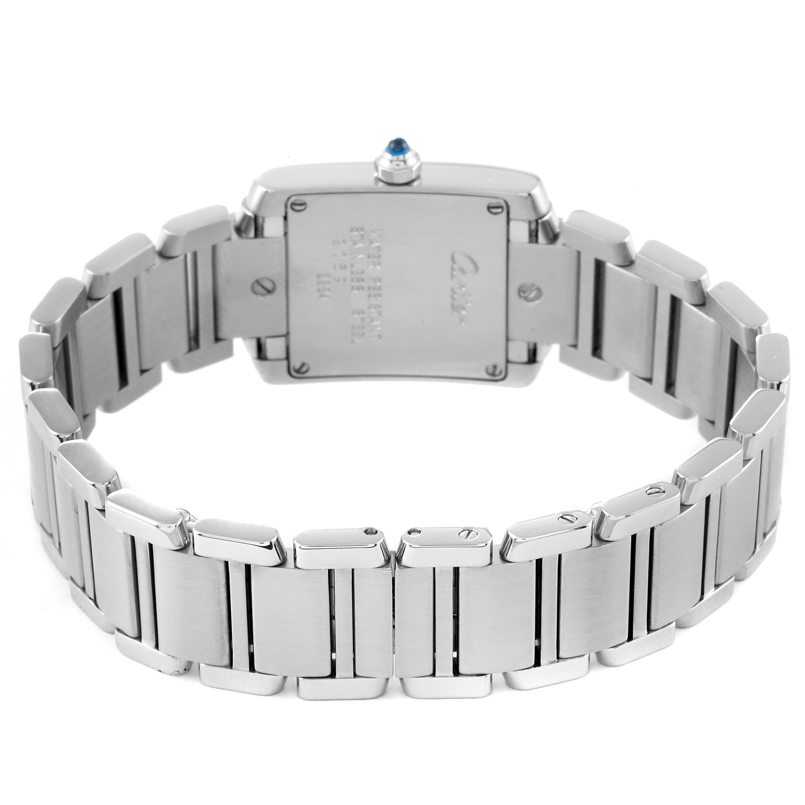This image shows the back case and bracelet of a Cartier Tank Francaise W51008Q3 Women
s Stainless Steel Silver Dial W51008Q3 Women
s Stainless Steel Silver Dial watch.