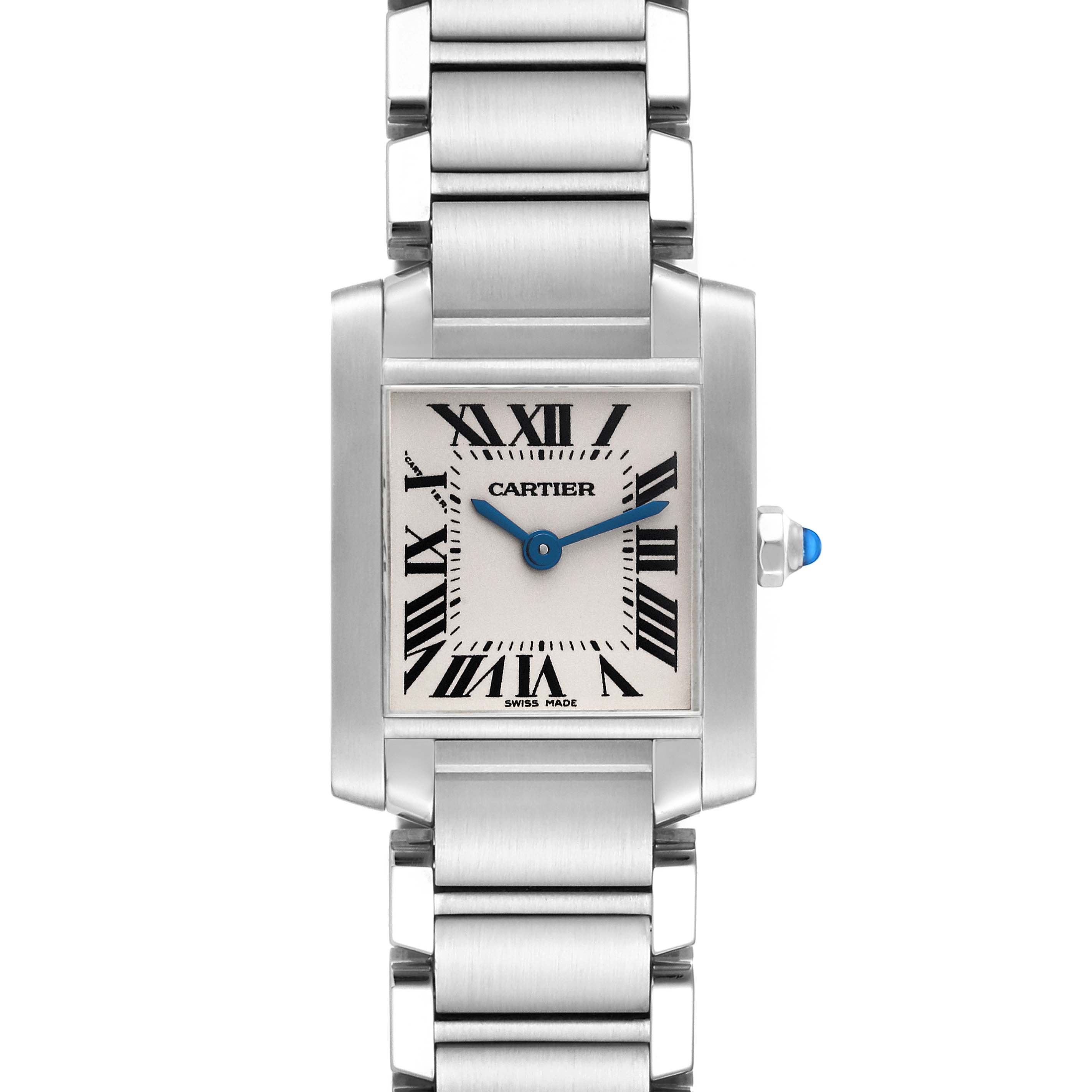 The Cartier Tank Francaise W51008Q3 Women
s Stainless Steel Silver Dial W51008Q3 Women
s Stainless Steel Silver Dial watch is shown from the front, displaying the face, bracelet, and crown.