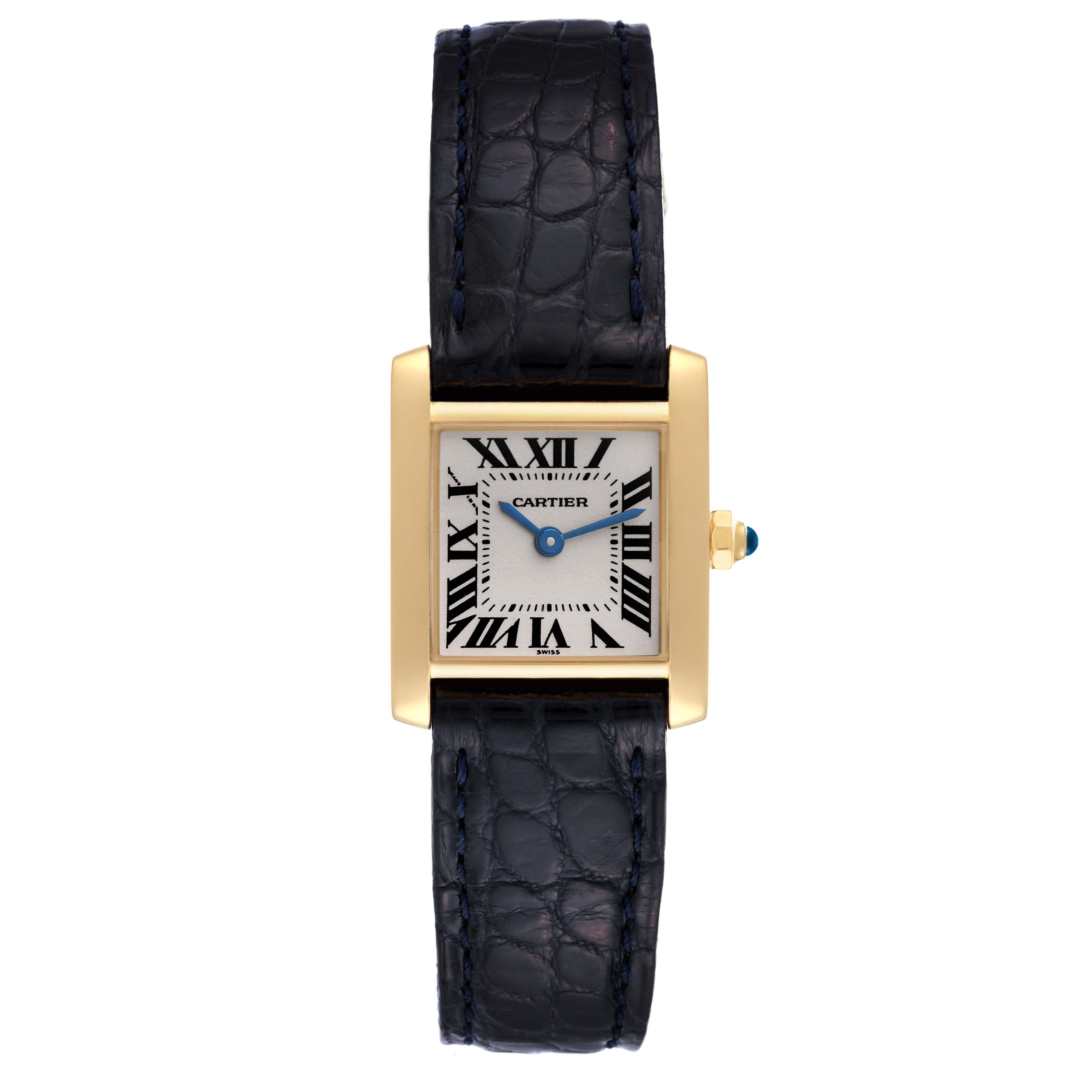 The image shows a Cartier Tank Francaise W5000256 Women
s Yellow Gold Silver Dial W5000256 Women
s Yellow Gold Silver Dial watch from a top view, highlighting its face, strap, and crown.