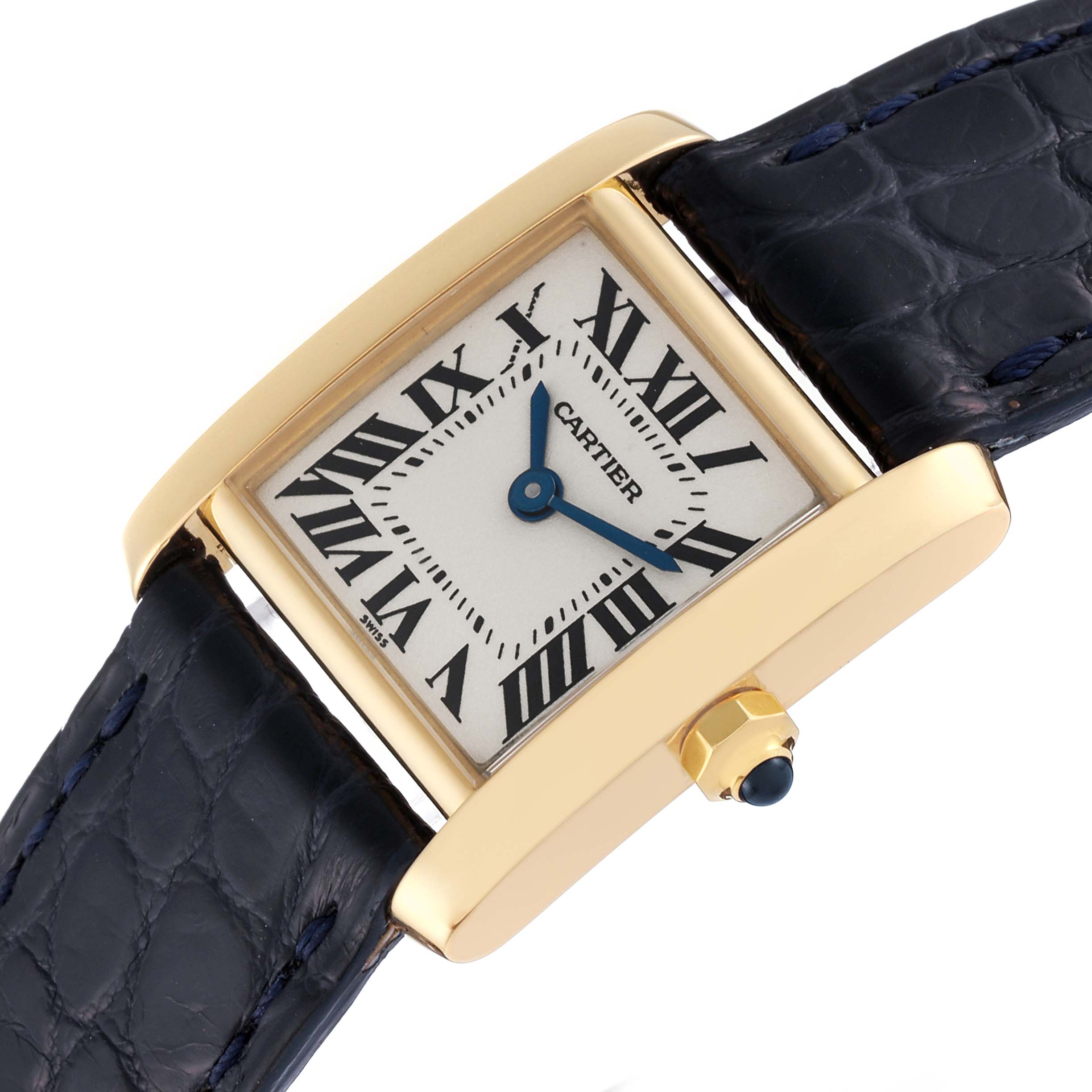 This image shows a Cartier Tank Francaise W5000256 Women
s Yellow Gold Silver Dial W5000256 Women
s Yellow Gold Silver Dial watch from a top angle highlighting the dial, case, crown, and strap.