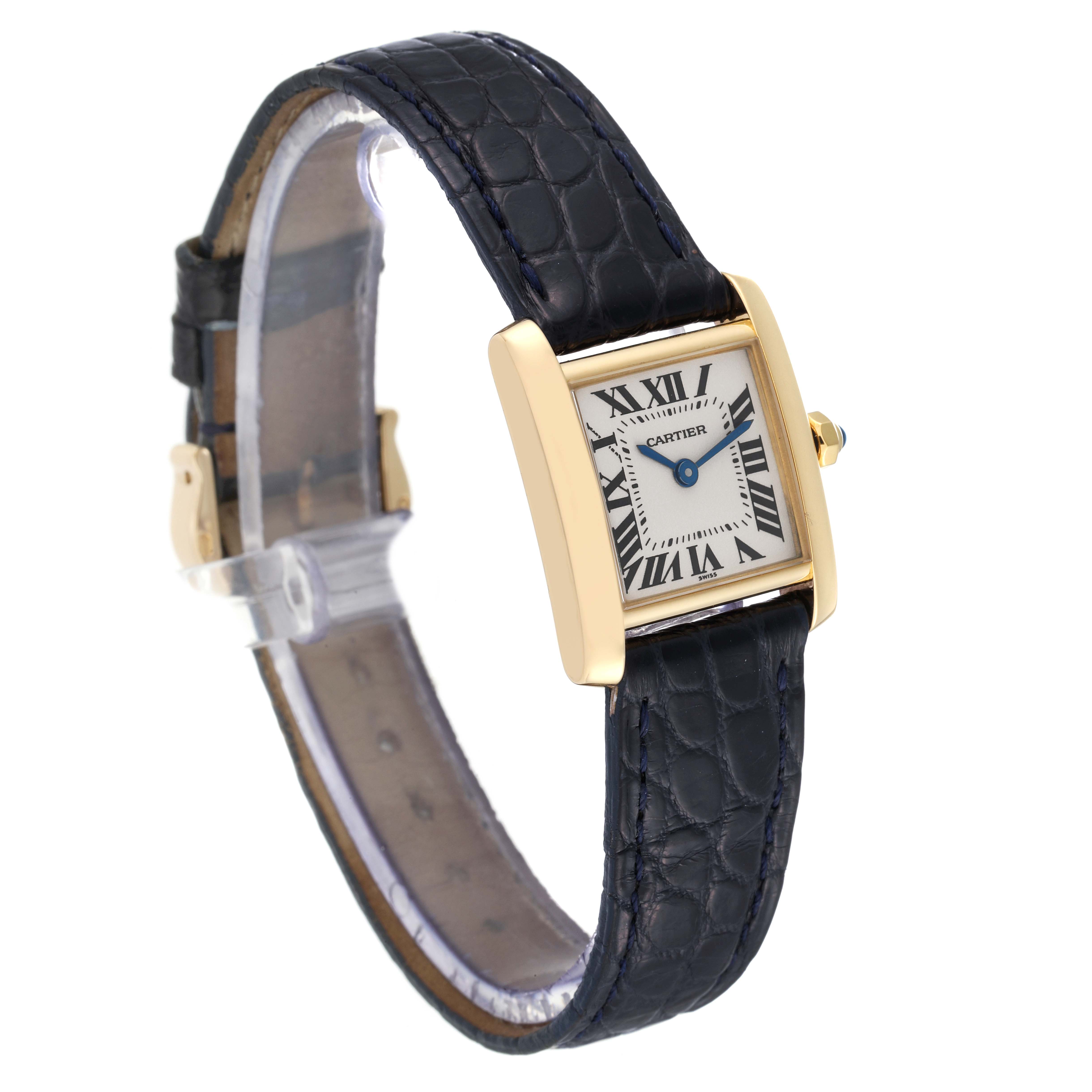 The image shows a Cartier Tank Française watch at a three-quarter angle, highlighting its gold case, Roman numeral dial, and black leather strap.