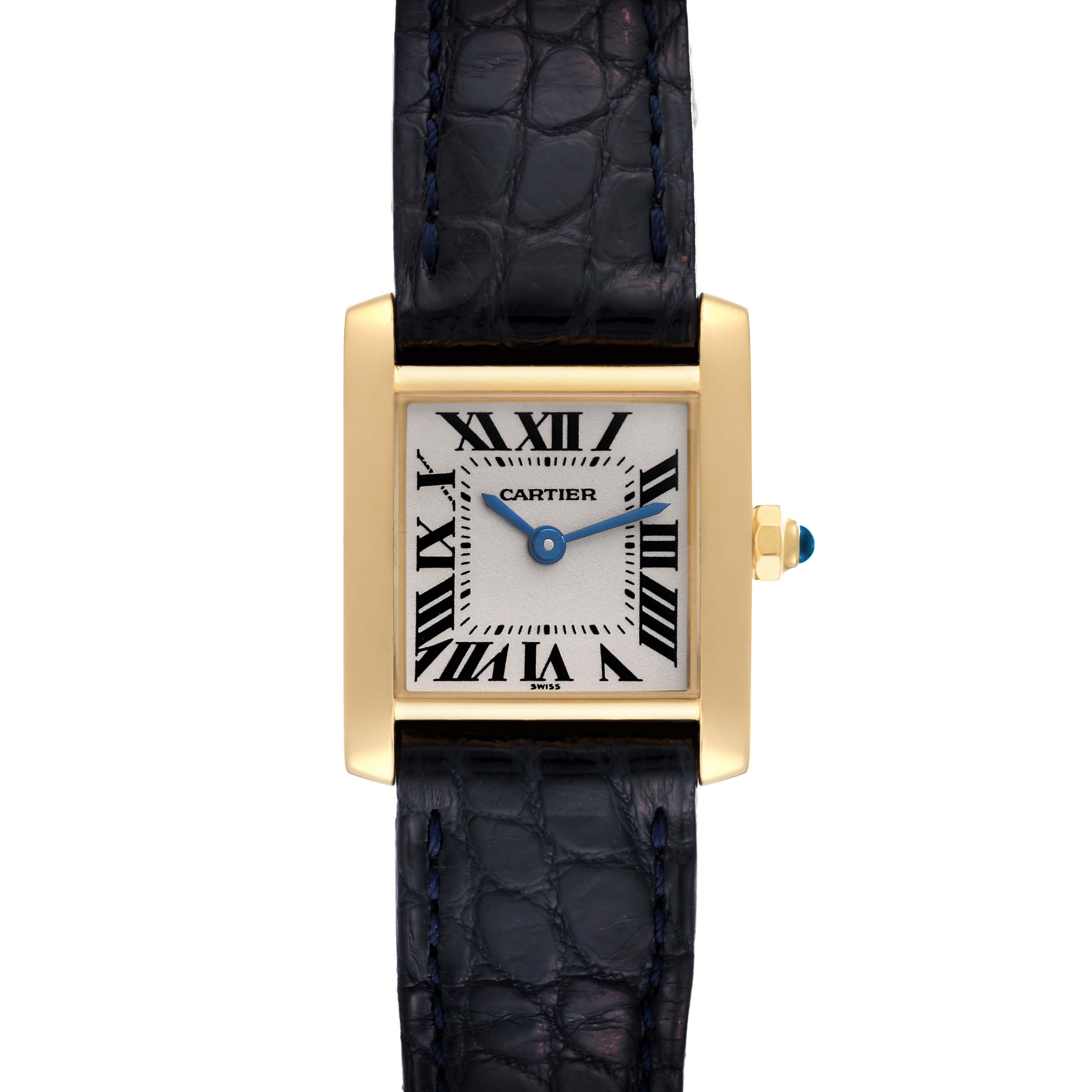 This image shows a Cartier Tank Francaise W5000256 Women
s Yellow Gold Silver Dial W5000256 Women
s Yellow Gold Silver Dial watch from a front angle, featuring its face, strap, and crown.