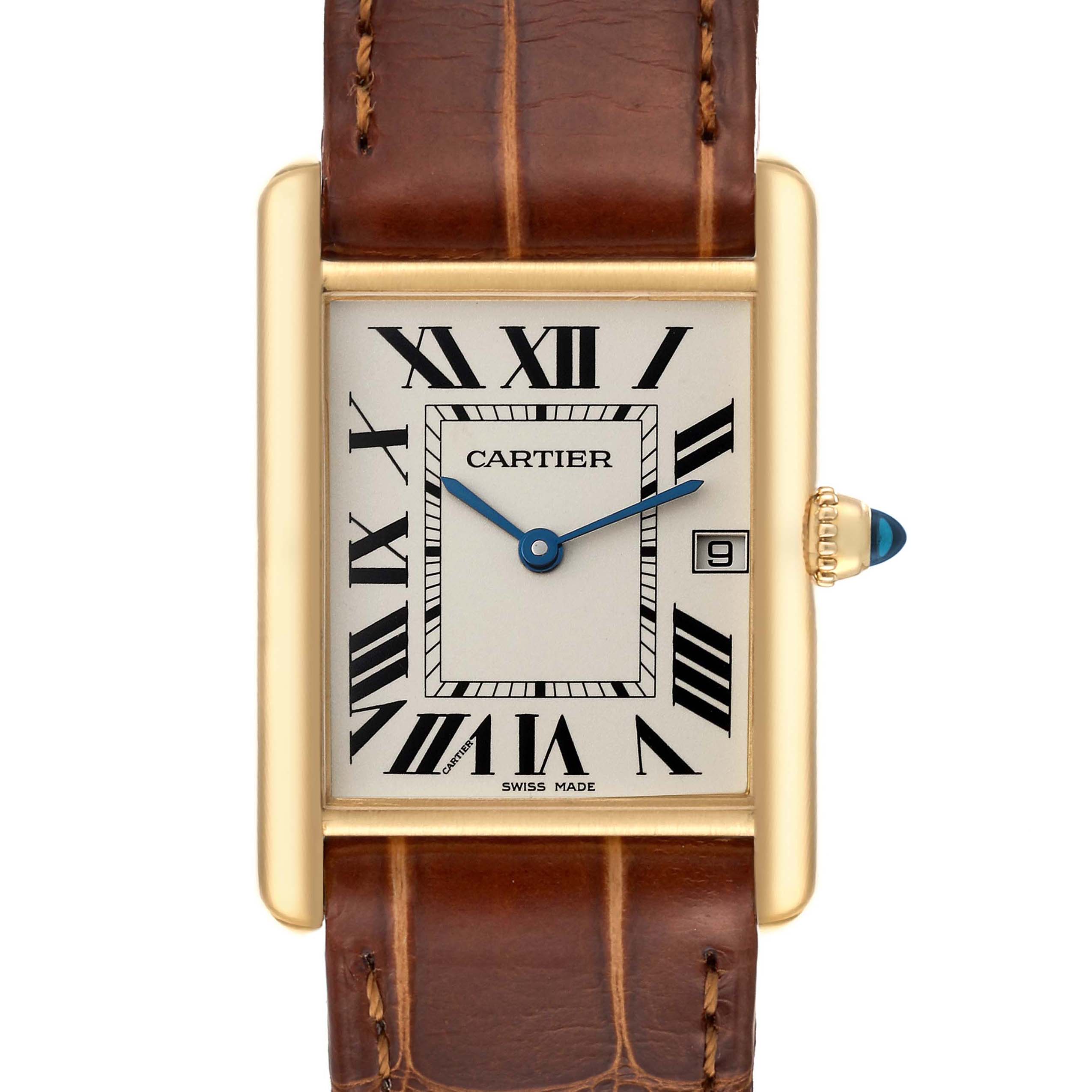 This image shows a front view of the Cartier Tank Louis W1529756 Men's Yellow Gold Silver Dial W1529756 Men's Yellow Gold Silver Dial watch, highlighting its rectangular face, Roman numerals, and leather strap.