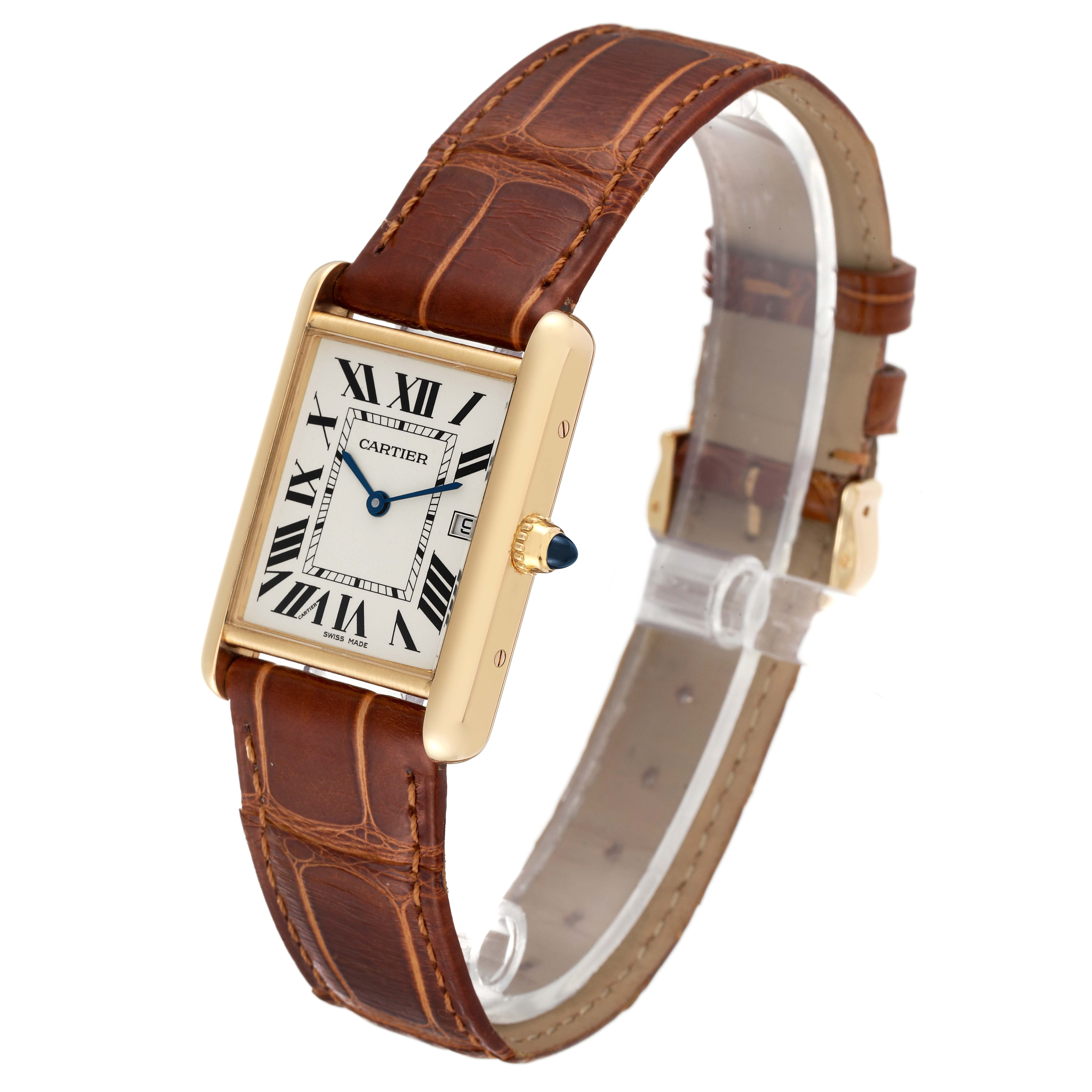 This Cartier Tank Louis W1529756 Men's Yellow Gold Silver Dial W1529756 Men's Yellow Gold Silver Dial watch is shown at a slight angle displaying its face, strap, and crown.