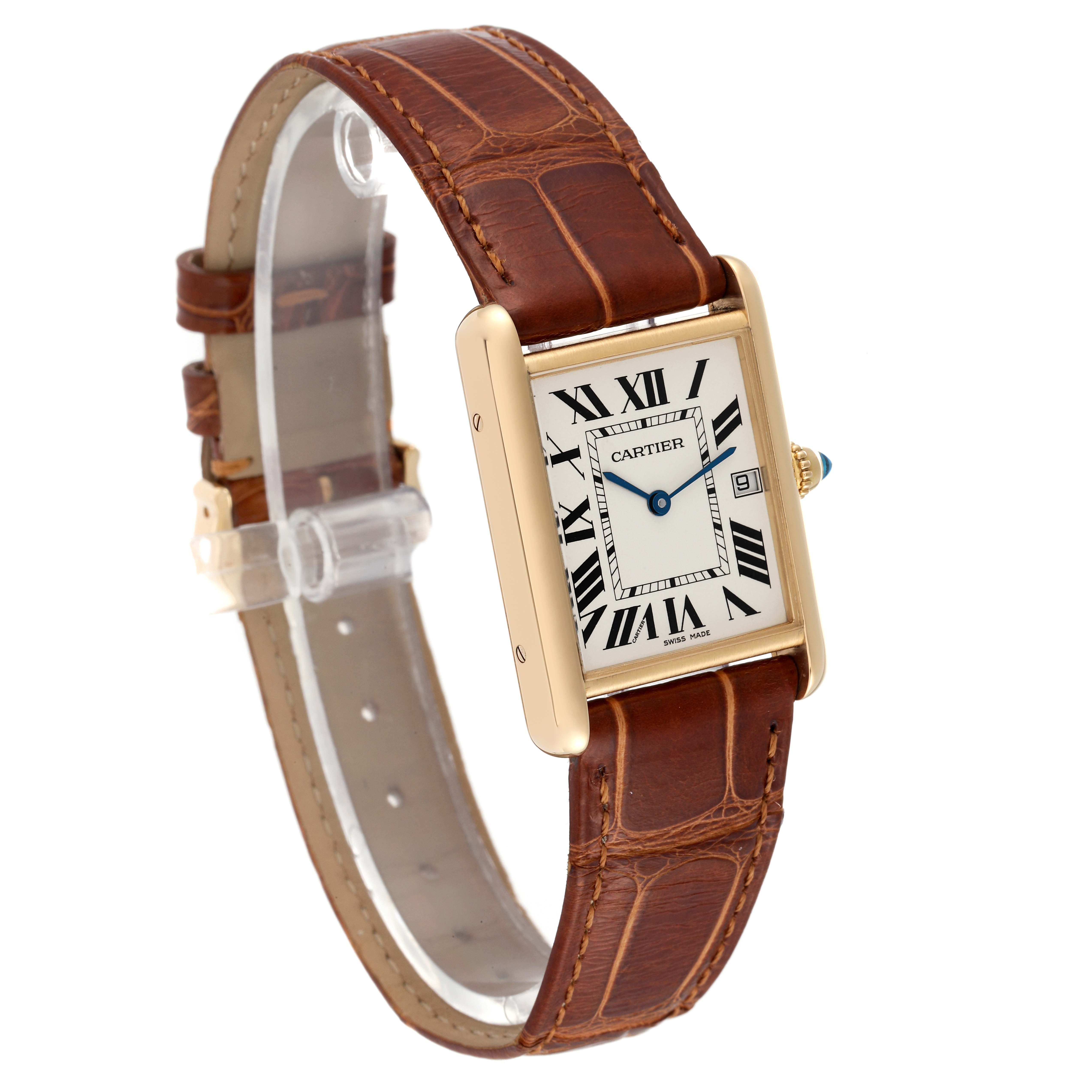 The image shows a Cartier Tank Louis W1529756 Men's Yellow Gold Silver Dial W1529756 Men's Yellow Gold Silver Dial watch at an angle, highlighting its face, brown leather strap, and gold case.