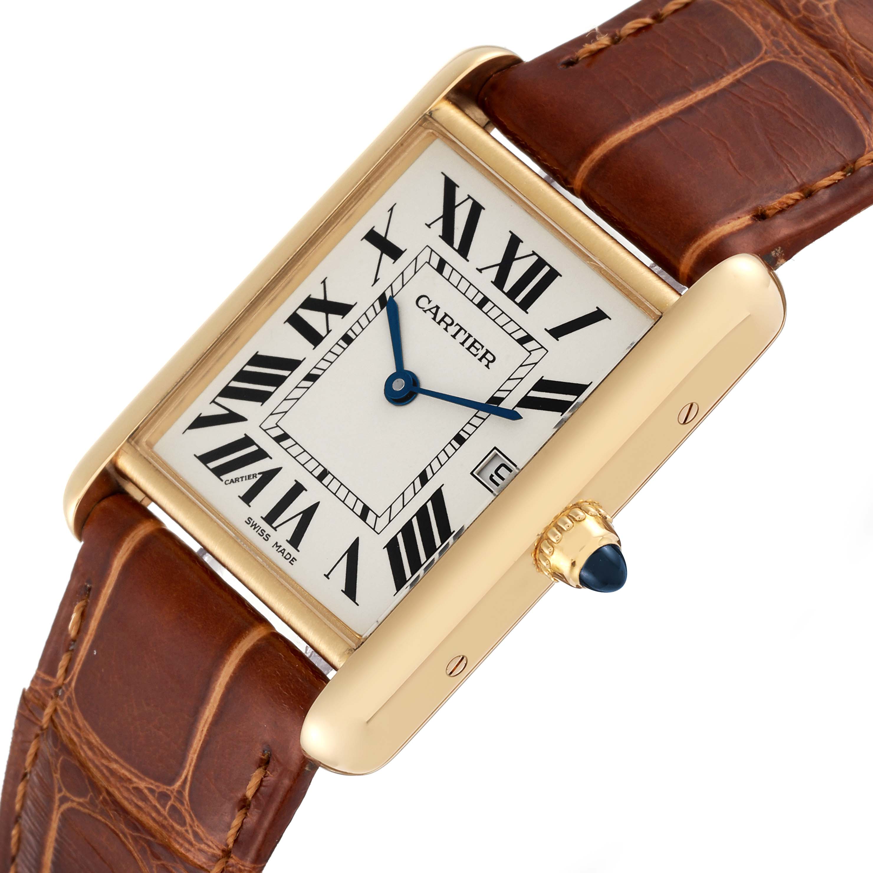 The image shows a Cartier Tank Louis W1529756 Men's Yellow Gold Silver Dial W1529756 Men's Yellow Gold Silver Dial watch at a tilted angle, emphasizing its rectangular gold case, brown leather strap, and blue hands.