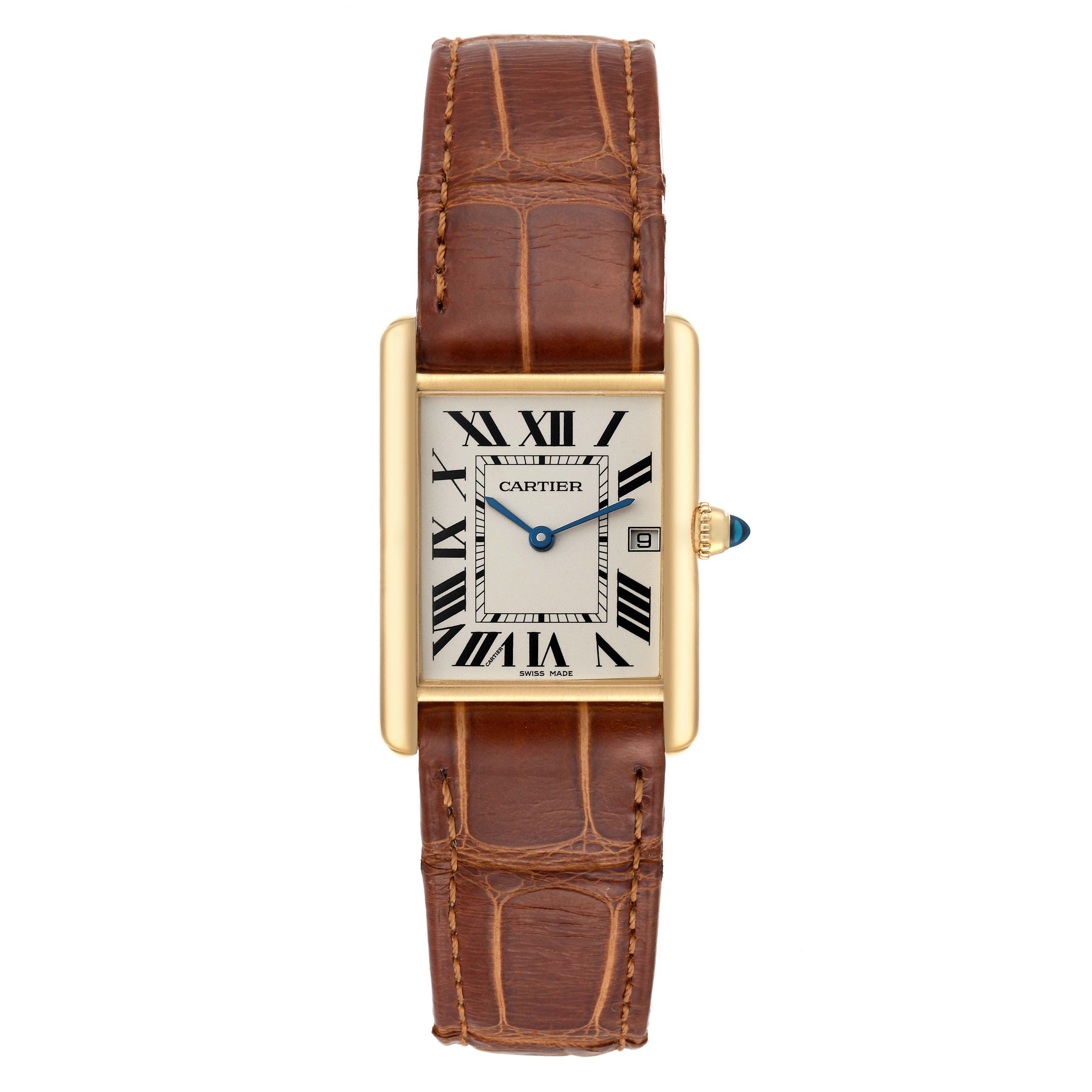 The image shows a Cartier Tank Louis W1529756 Men's Yellow Gold Silver Dial W1529756 Men's Yellow Gold Silver Dial watch from a front angle, featuring its rectangular face, leather strap, and Roman numeral markers.