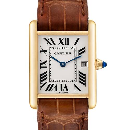 Photo of Cartier Tank Louis Yellow Gold Brown Strap Mens Watch W1529756 Card
