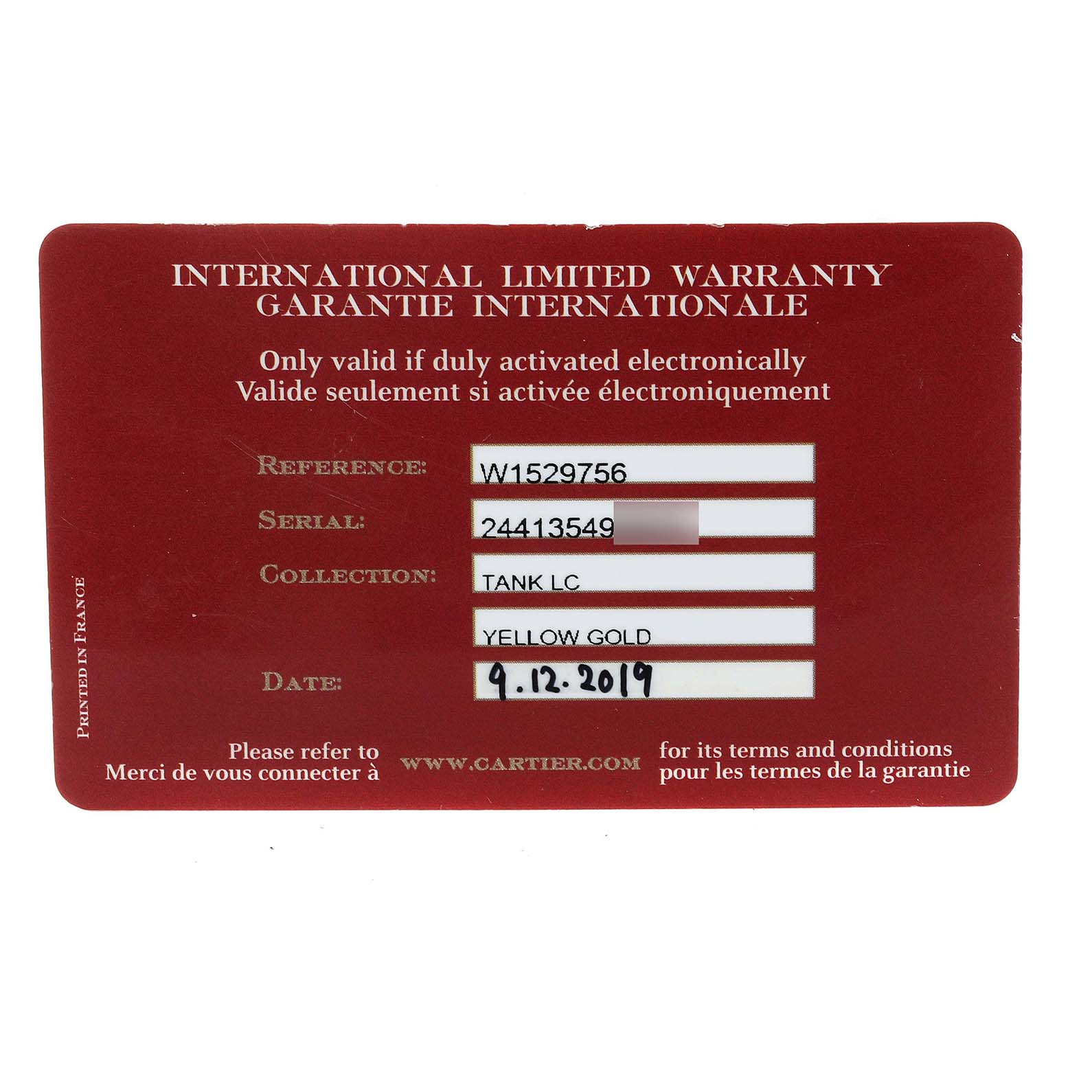 This image shows the Cartier Tank Louis W1529756 Men's Yellow Gold Silver Dial W1529756 Men's Yellow Gold Silver Dial watch's international limited warranty card.