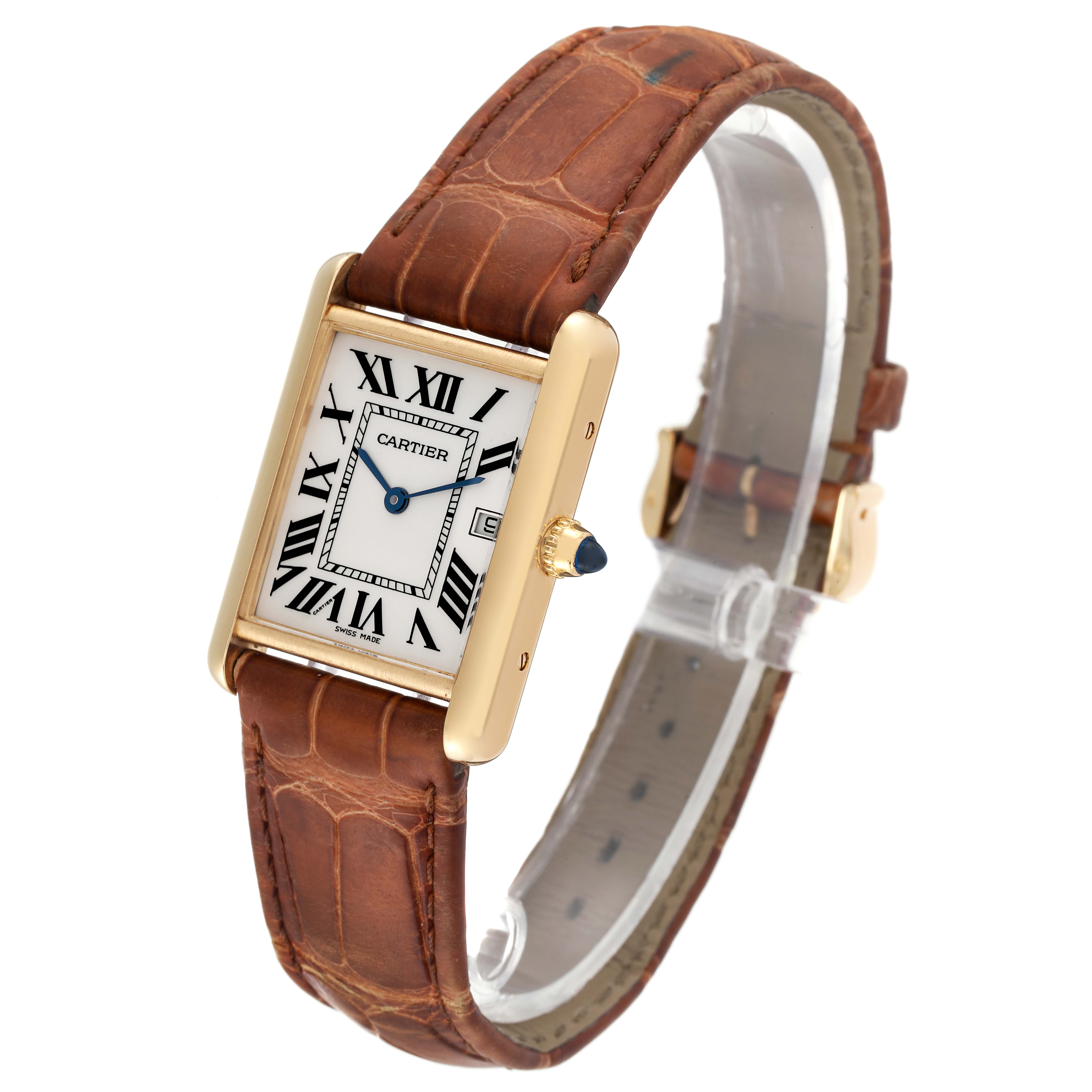The Cartier Tank Louis W1529756 Men's Yellow Gold Silver Dial W1529756 Men's Yellow Gold Silver Dial watch is shown at a slight angle, highlighting its rectangular face, Roman numerals, and brown leather strap.