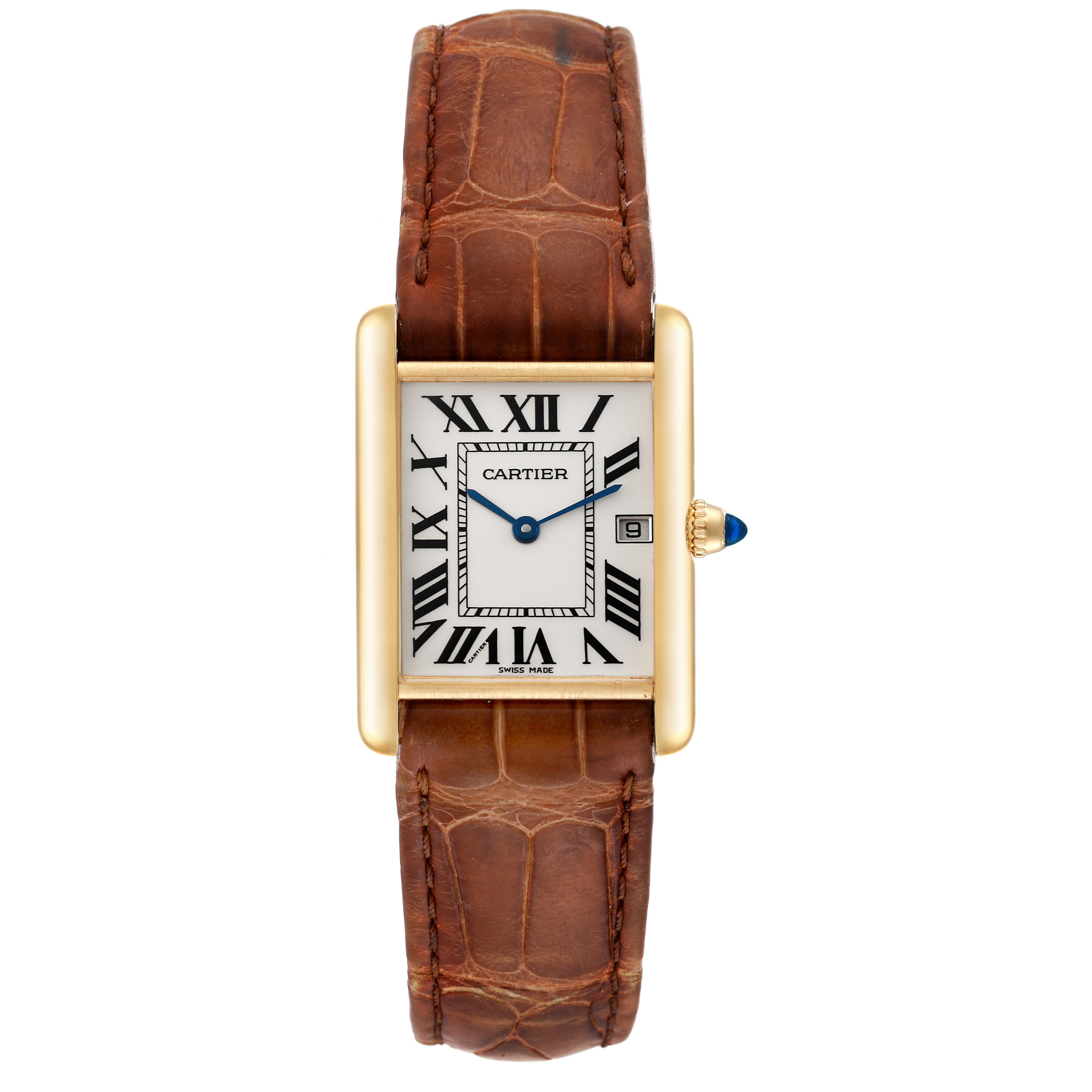 The image shows a front view of the Cartier Tank Louis W1529756 Men's Yellow Gold Silver Dial W1529756 Men's Yellow Gold Silver Dial watch, featuring a gold case, brown leather strap, and Roman numeral dial.