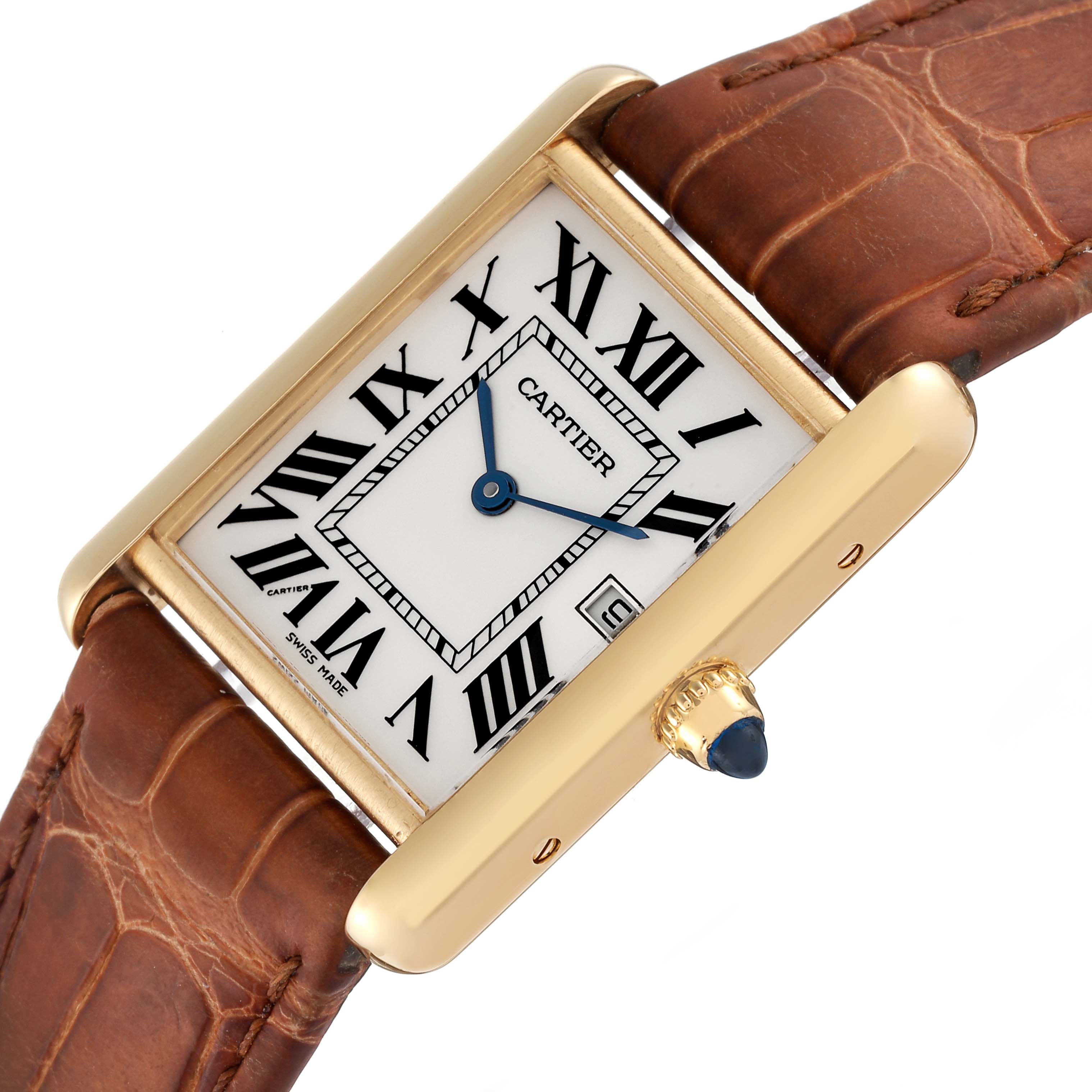 The image shows a Cartier Tank Louis W1529756 Men's Yellow Gold Silver Dial W1529756 Men's Yellow Gold Silver Dial watch with a brown leather strap, gold case, and a white dial featuring Roman numerals.