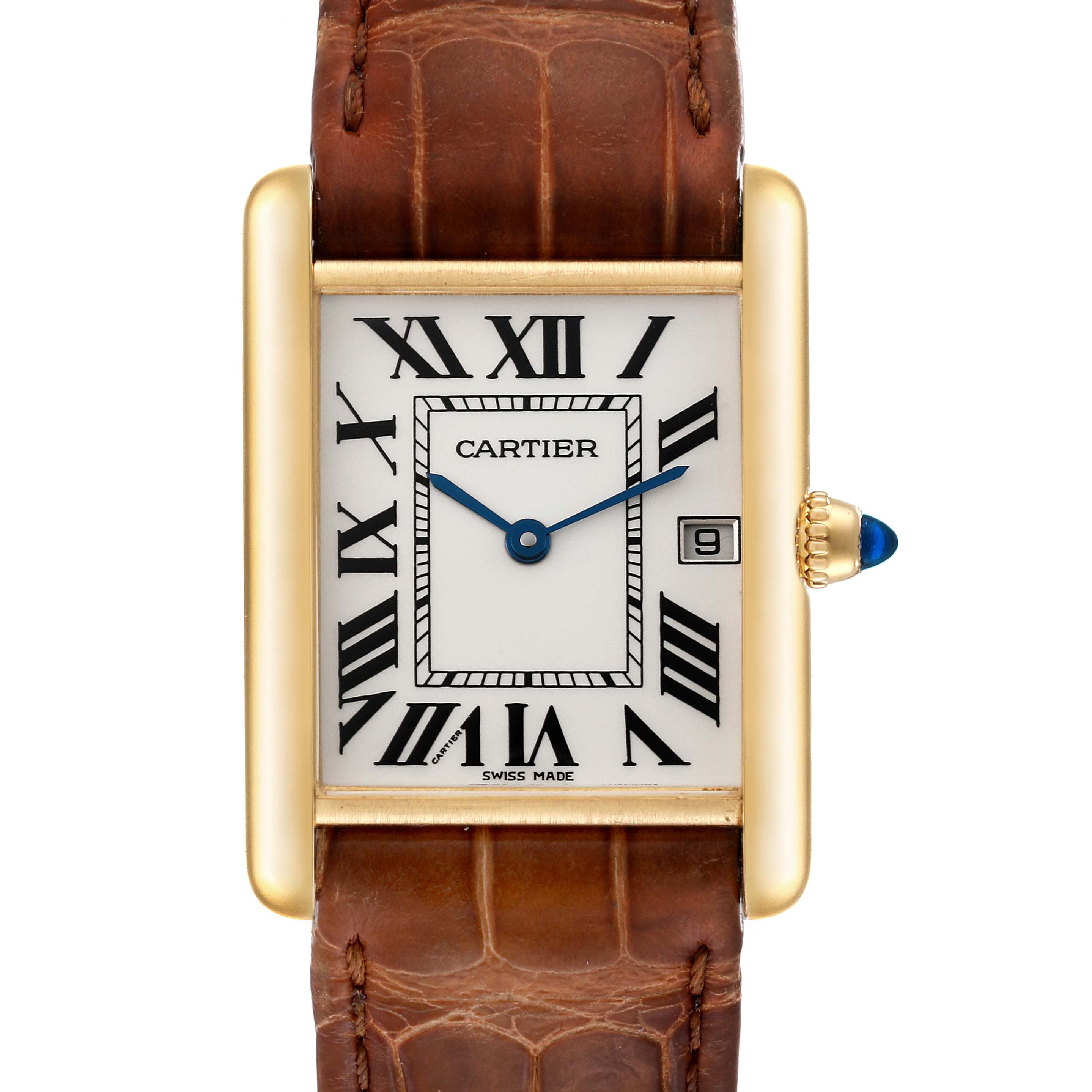 This image shows a front view of the Tank Louis model watch by Cartier, highlighting the dial, hands, crown, and strap.
