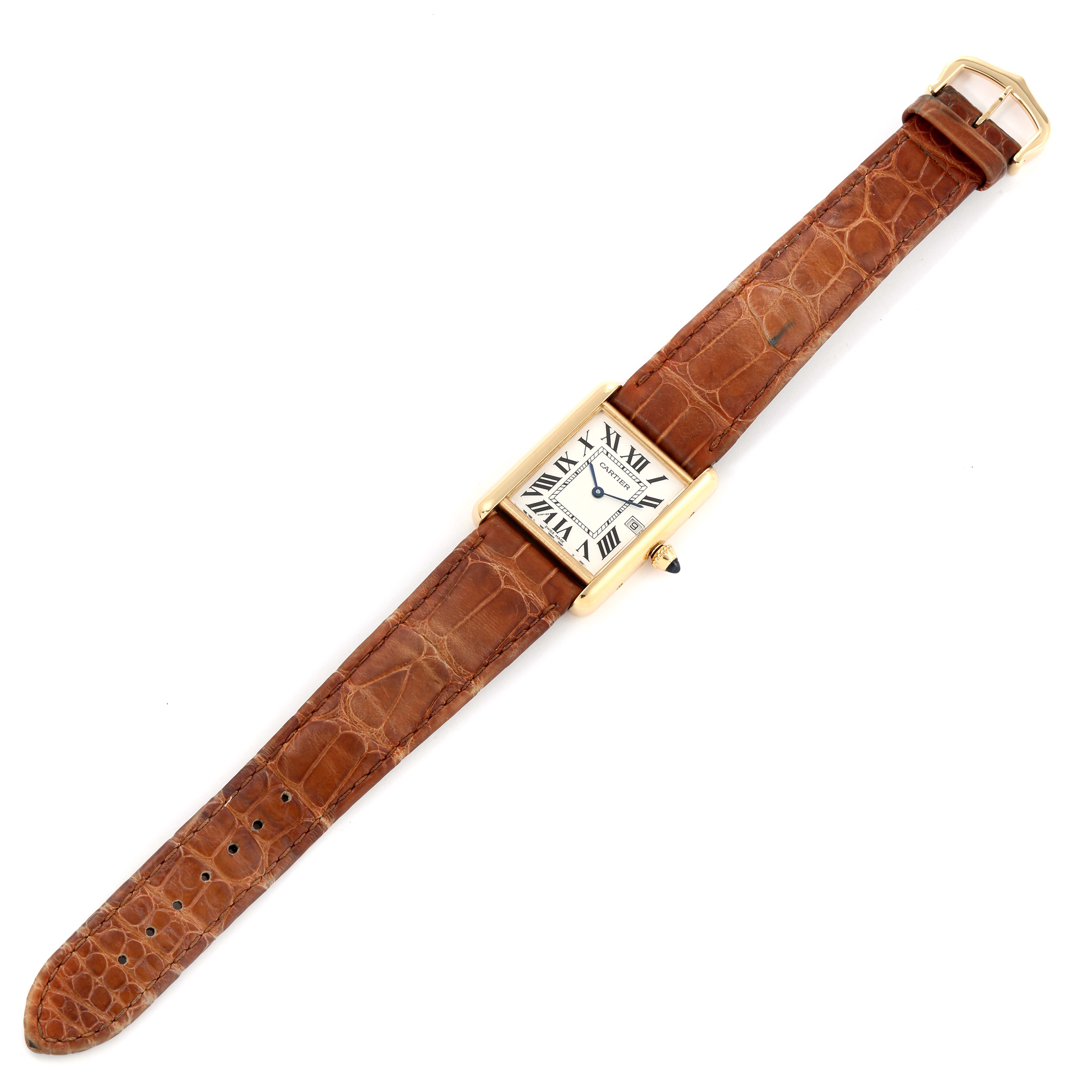 The image shows a top-down view of a Cartier Tank Louis W1529756 Men's Yellow Gold Silver Dial W1529756 Men's Yellow Gold Silver Dial watch with a brown leather strap and rectangular face.