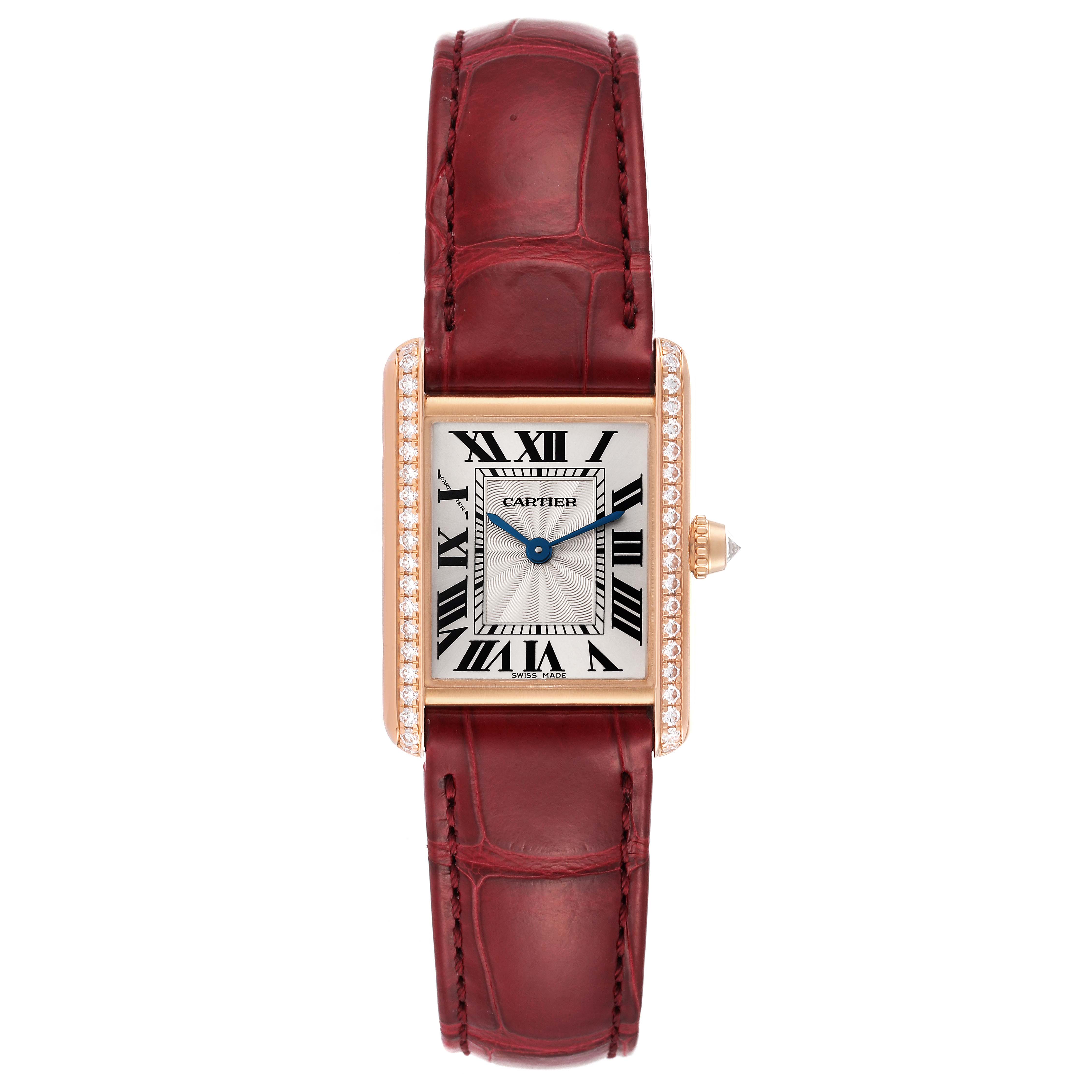 The image shows a front view of the Cartier Tank Louis WJTA0037 Women's Rose Gold Silver Dial WJTA0037 Women's Rose Gold Silver Dial watch with a red leather strap and diamond-accented bezel.