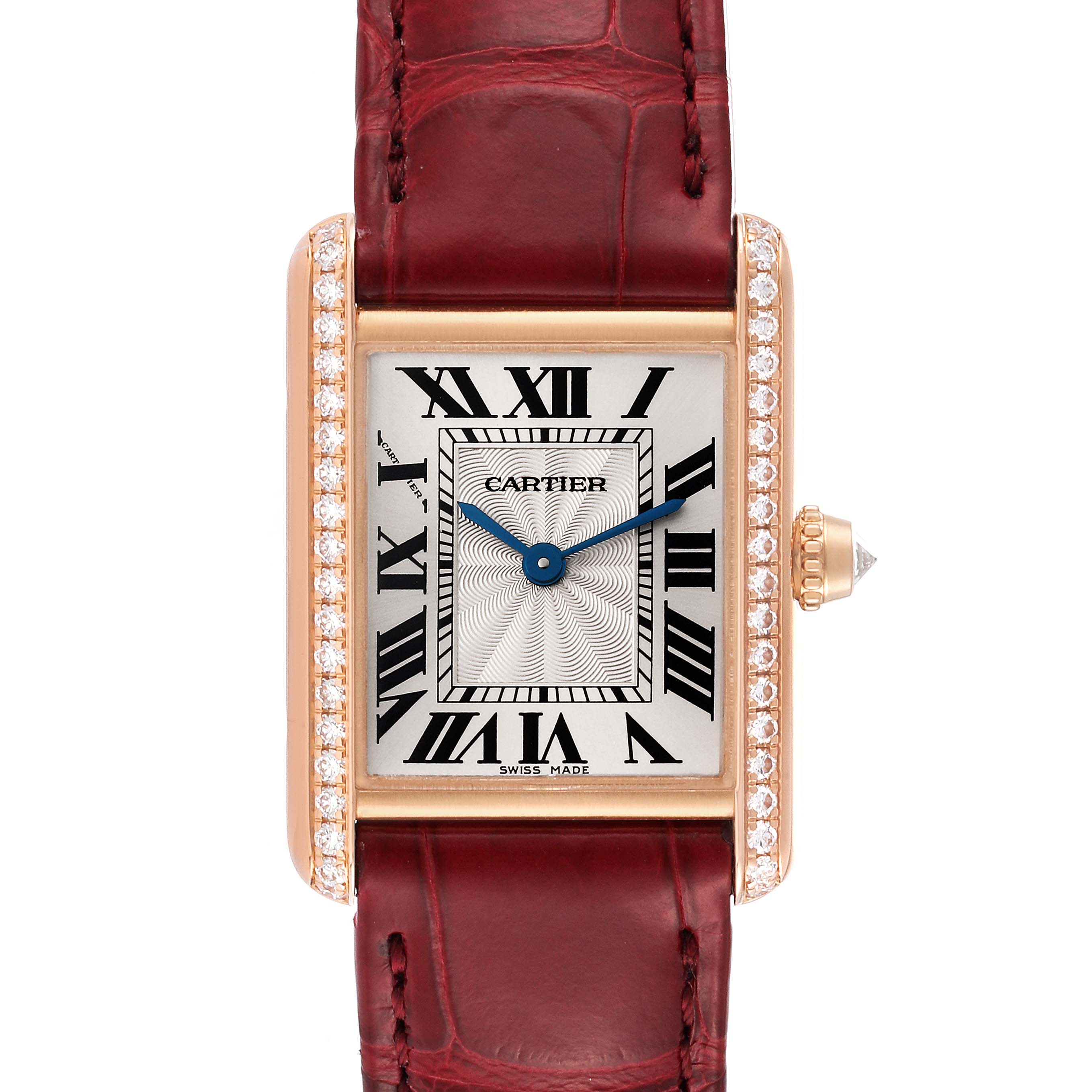 The image shows a frontal view of the Cartier Tank Louis WJTA0037 Women's Rose Gold Silver Dial WJTA0037 Women's Rose Gold Silver Dial model, featuring the face, diamond bezel, and part of its red leather strap.