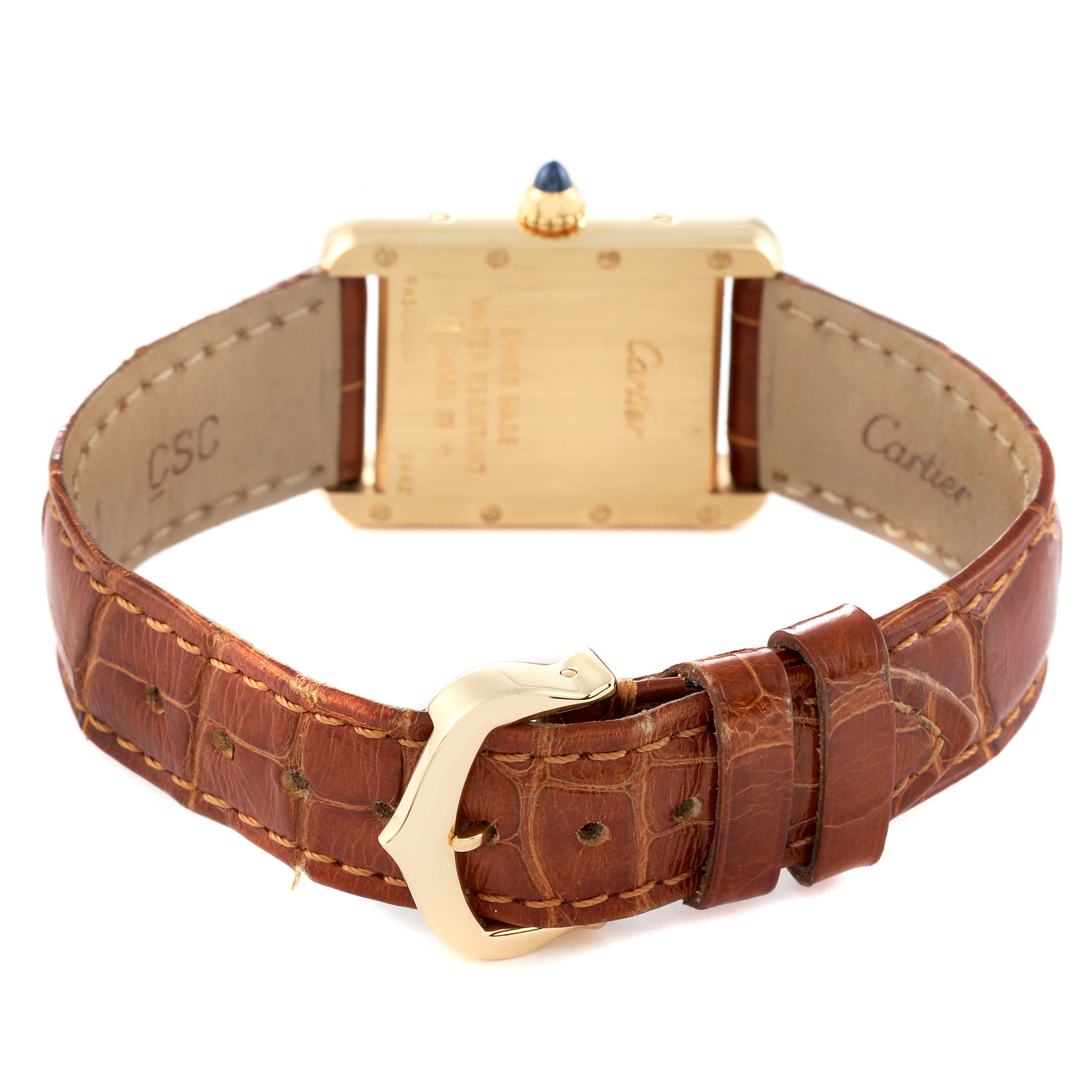 The image shows the back of a Cartier Tank Louis W1529856 Women's Yellow Gold Silver Dial W1529856 Women's Yellow Gold Silver Dial watch, highlighting the gold case and brown leather strap with a buckle.