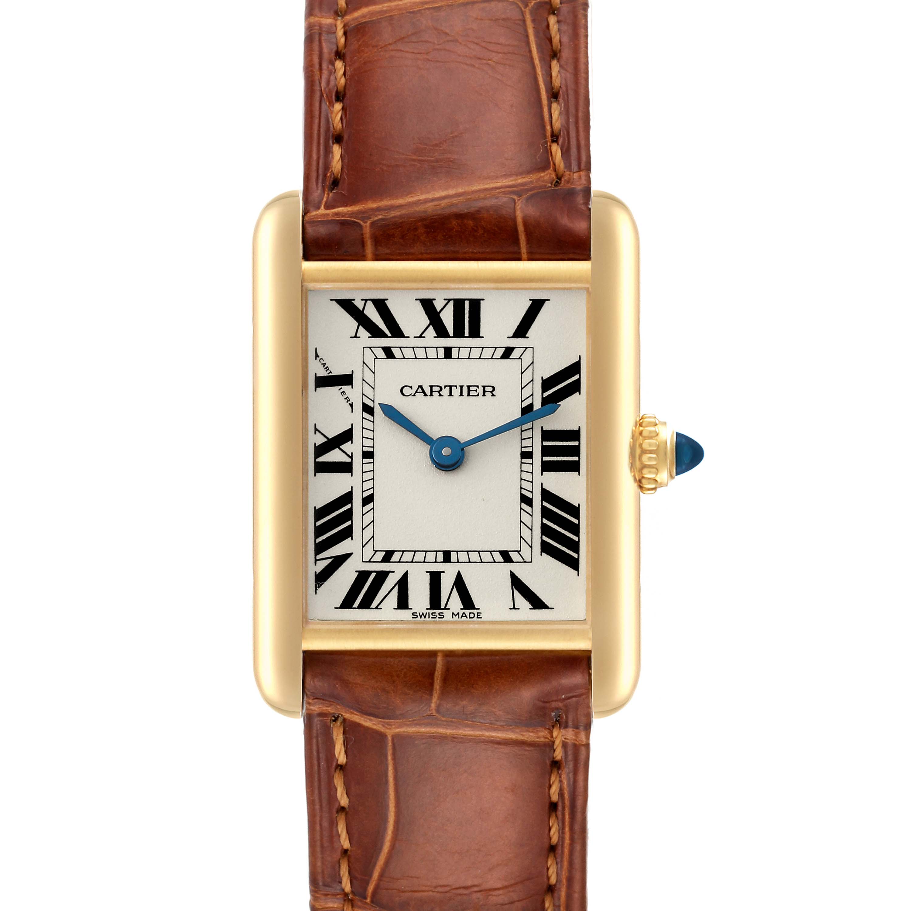 The image shows a front view of the Cartier Tank Louis W1529856 Women's Yellow Gold Silver Dial W1529856 Women's Yellow Gold Silver Dial watch, displaying its face, brown leather strap, and gold casing.